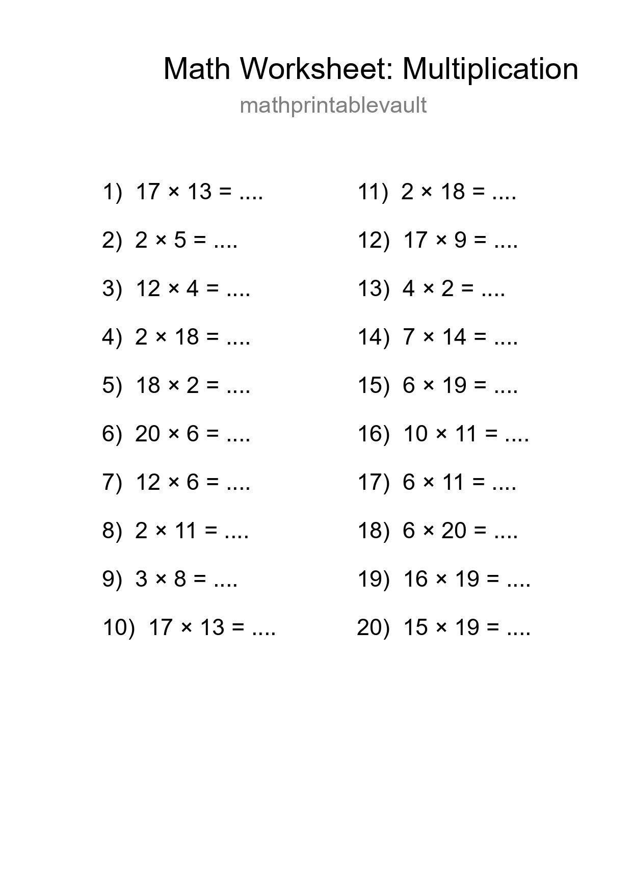 Grade 2 Multiplication Practice Worksheet (20 Problems) - Part 194