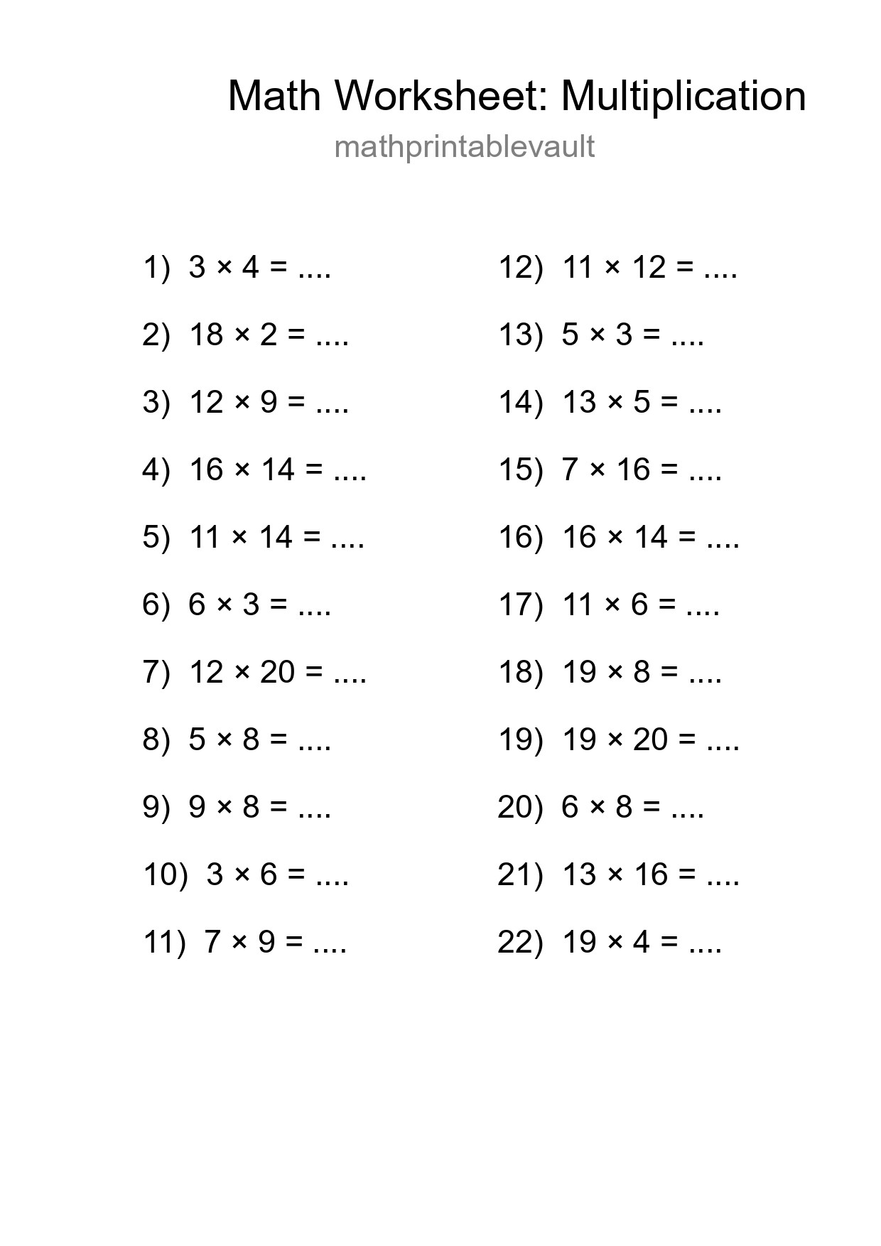 Grade 2 Multiplication Practice Worksheet (22 Problems) - Part 7