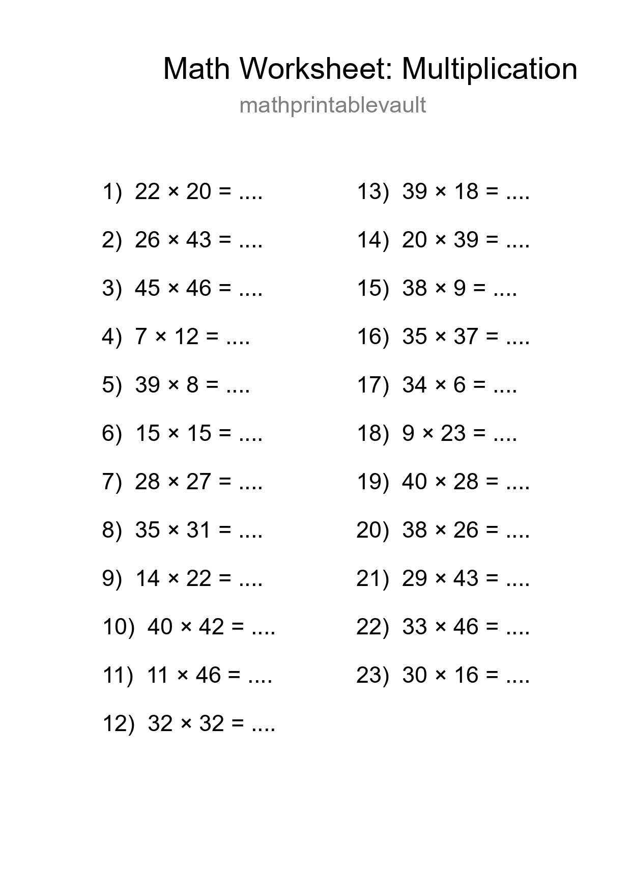 Grade 2 Multiplication Practice Worksheet (23 Problems) - Part 117