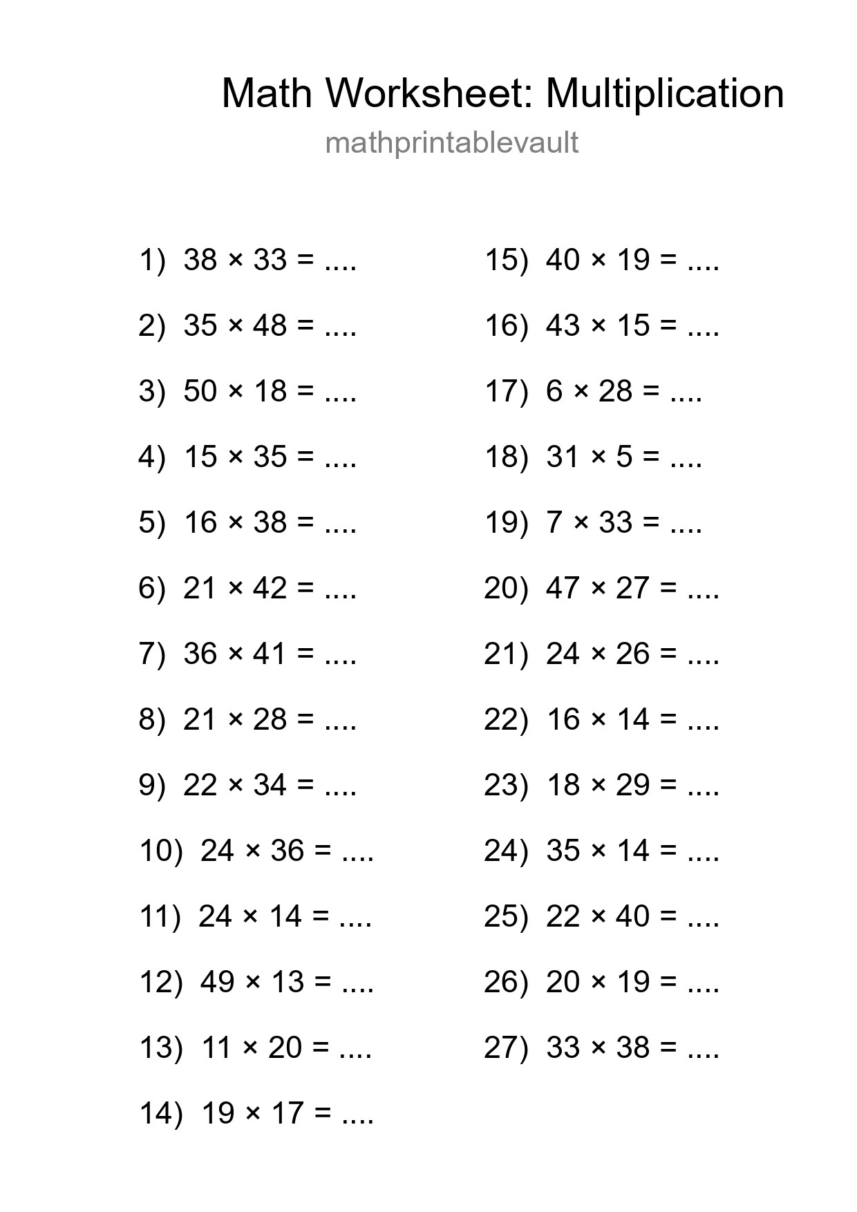 Grade 2 Multiplication Practice Worksheet (27 Problems) - Part 95
