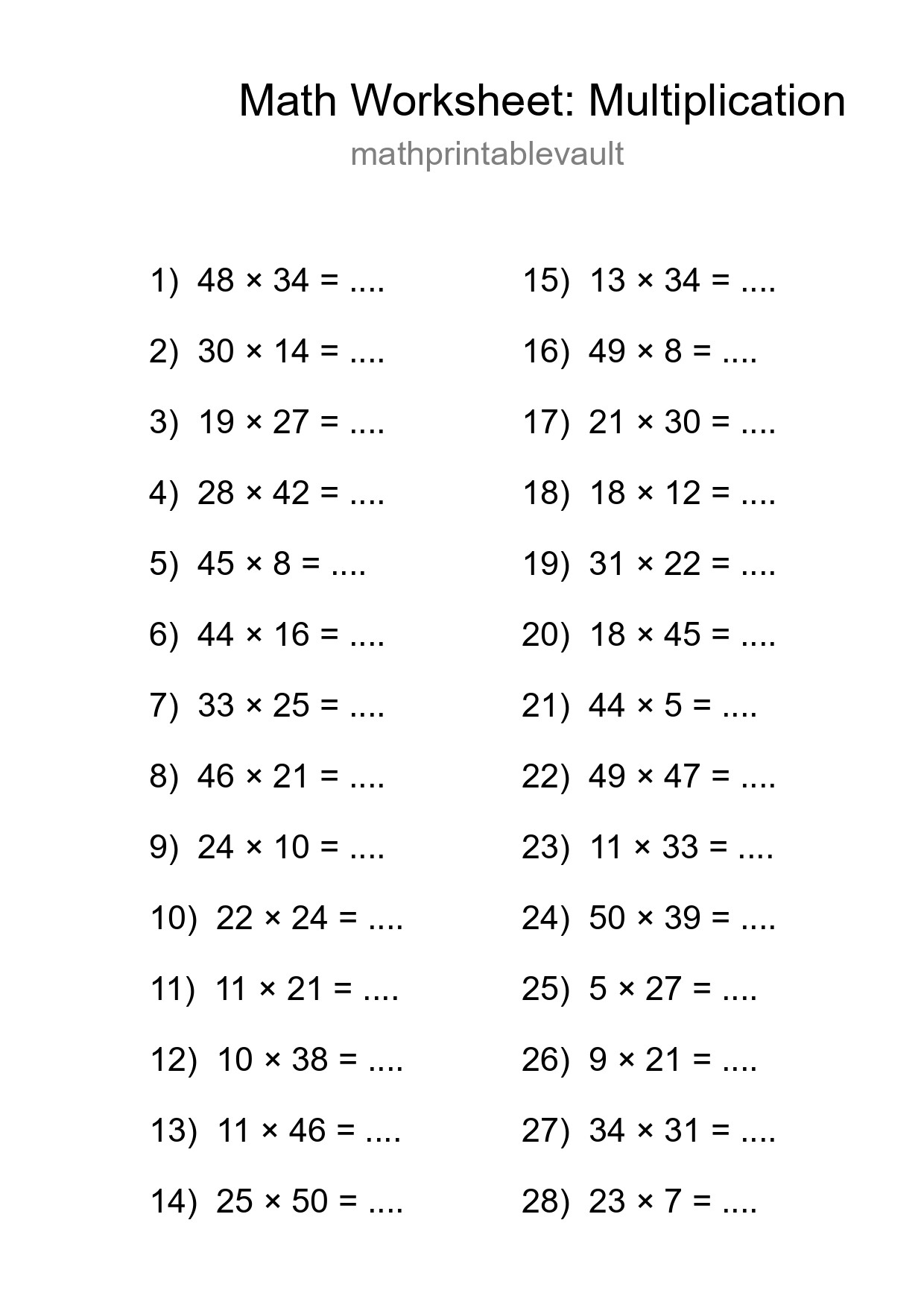 Grade 2 Multiplication Practice Worksheet (28 Problems) - Part 51