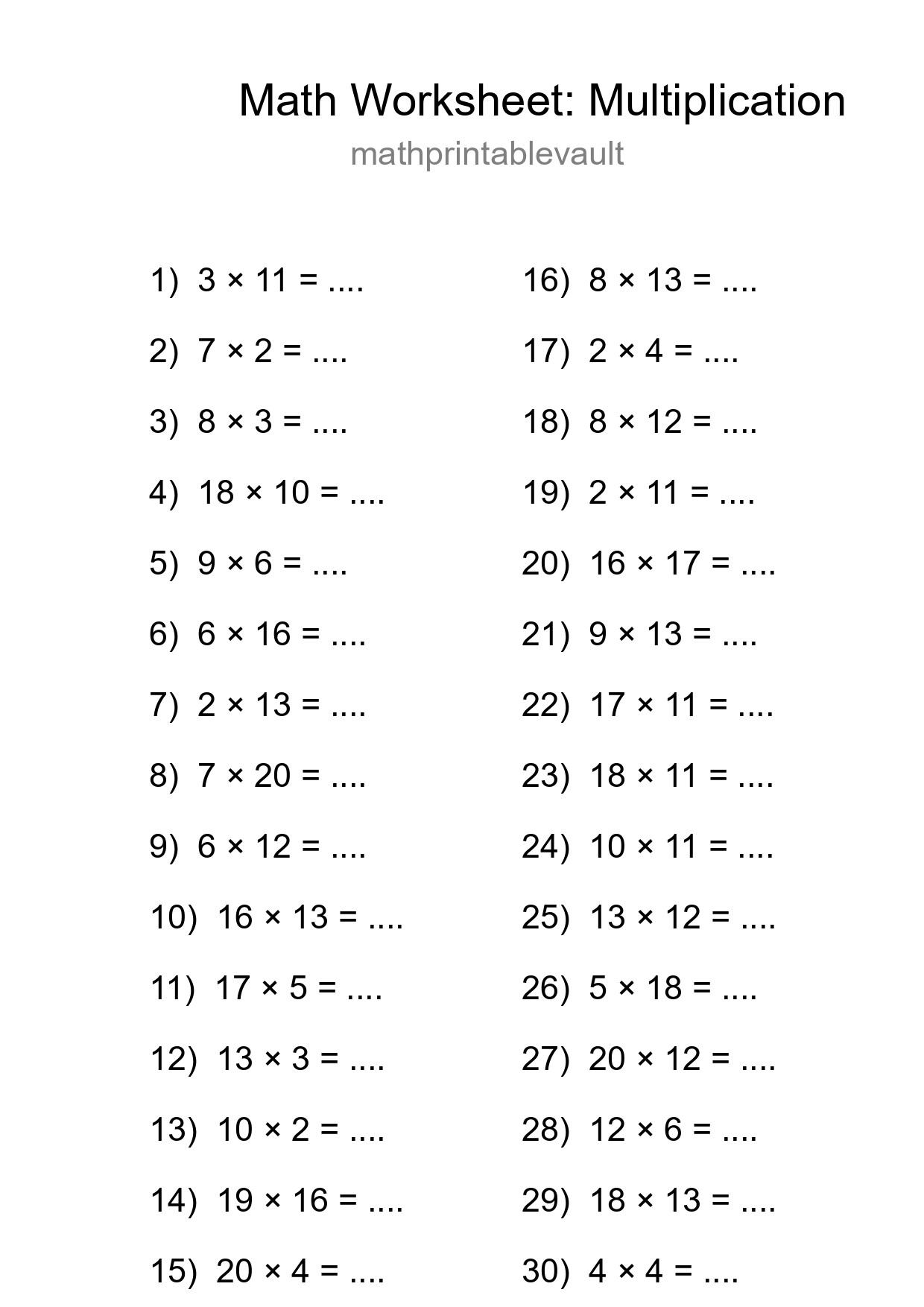 Grade 2 Multiplication Practice Worksheet (30 Problems) - Part 62
