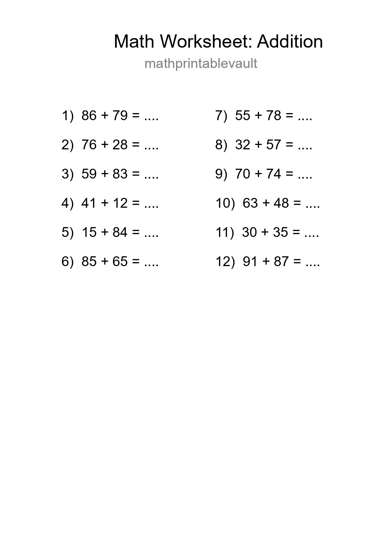 Grade 3 Addition Practice Worksheet (12 Problems) - Part 56
