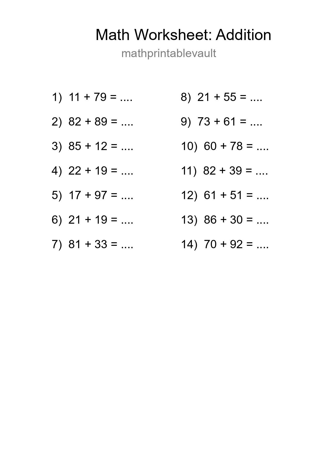 Grade 3 Addition Practice Worksheet (14 Problems) - Part 23