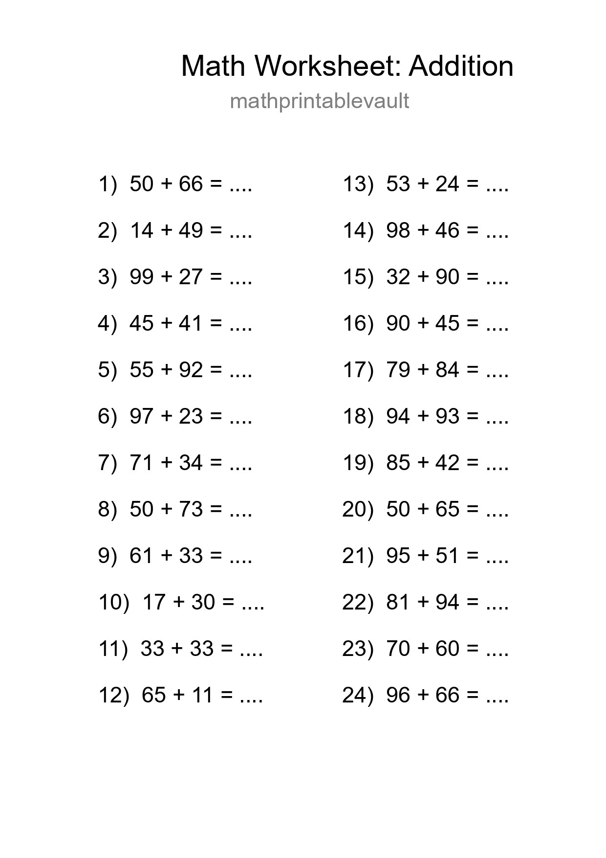 Grade 3 Addition Practice Worksheet (24 Problems) - Part 199