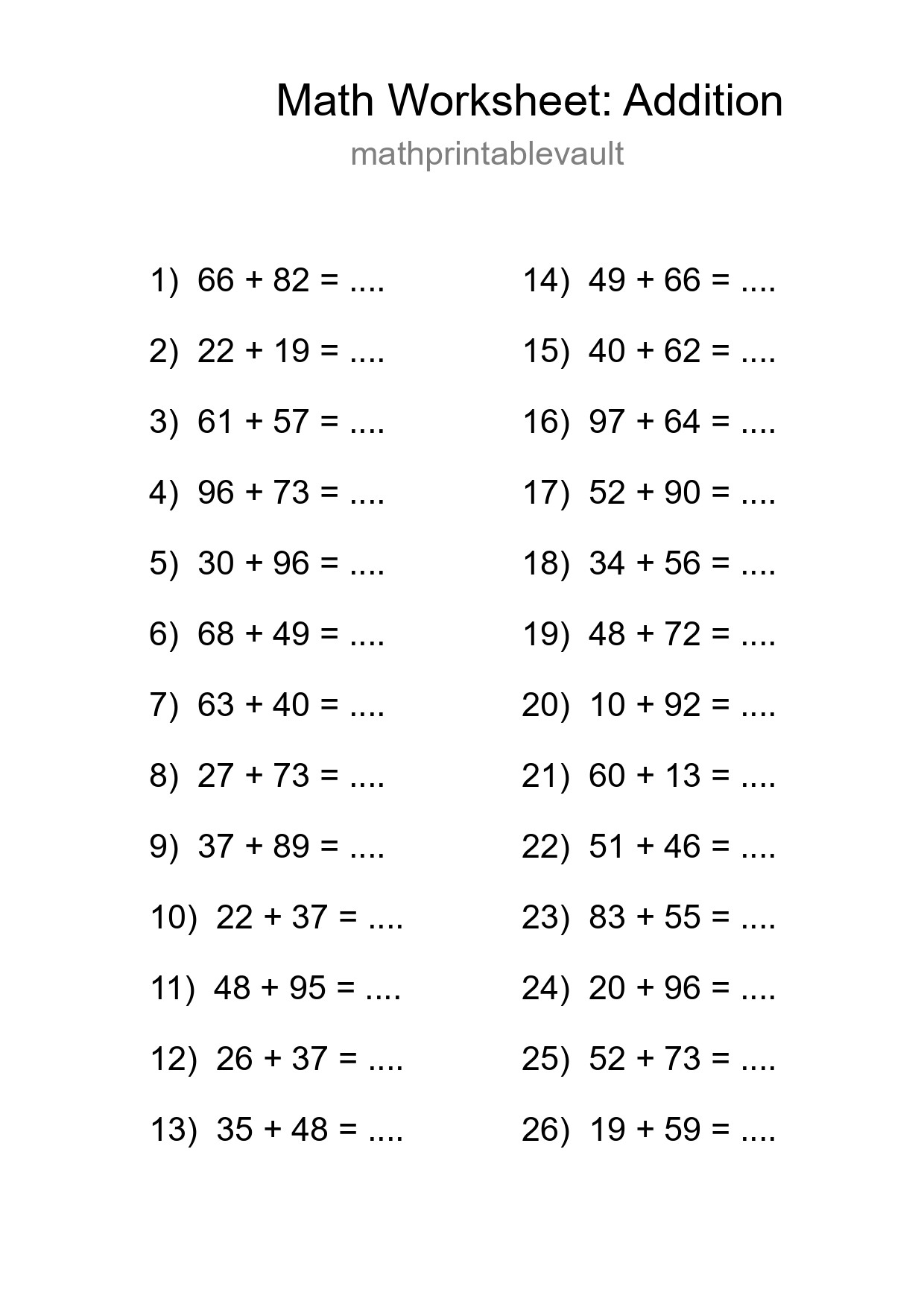 Printable Addition Worksheet for Grade 3