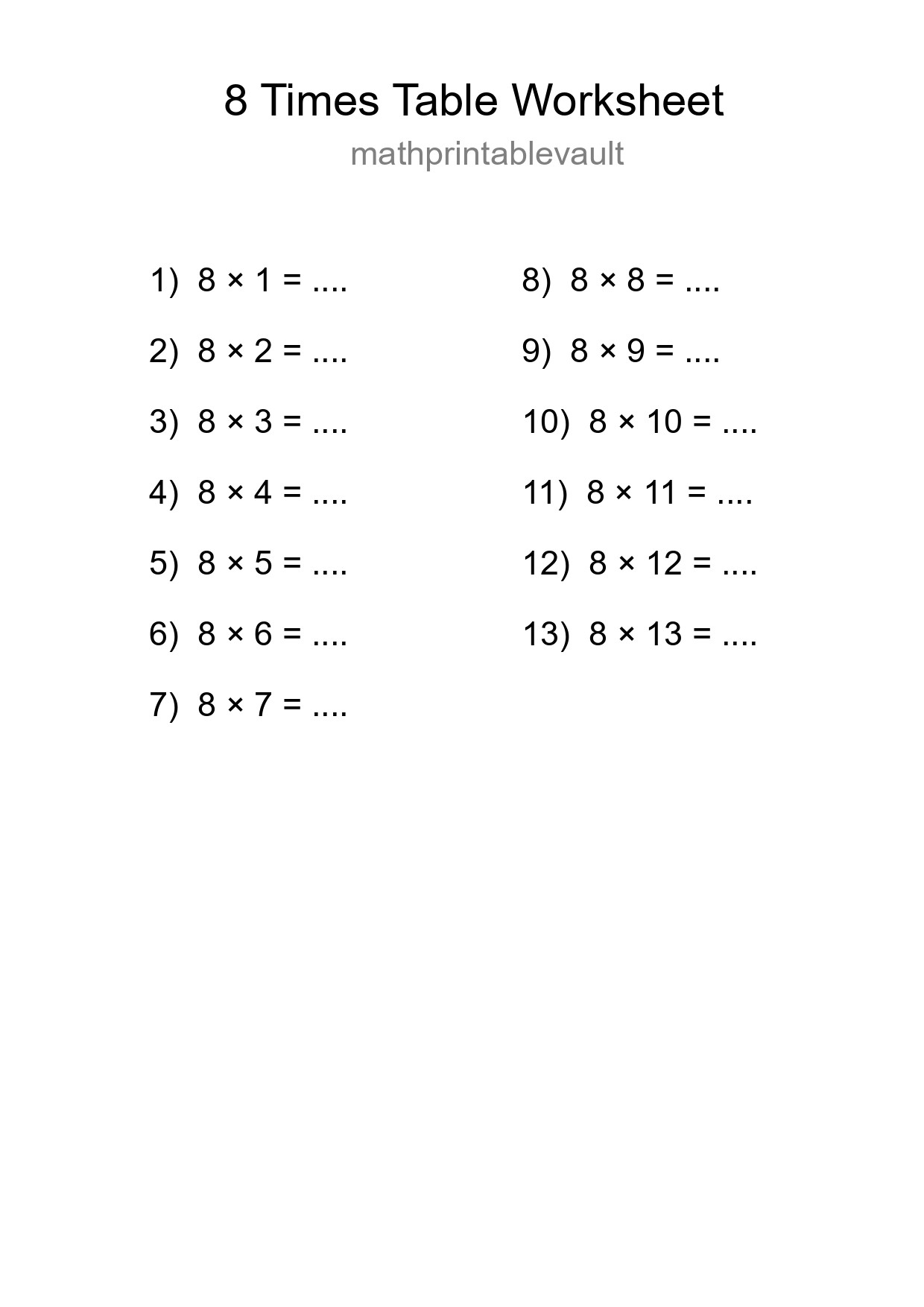 Printable Times Table Worksheet for Grade 3