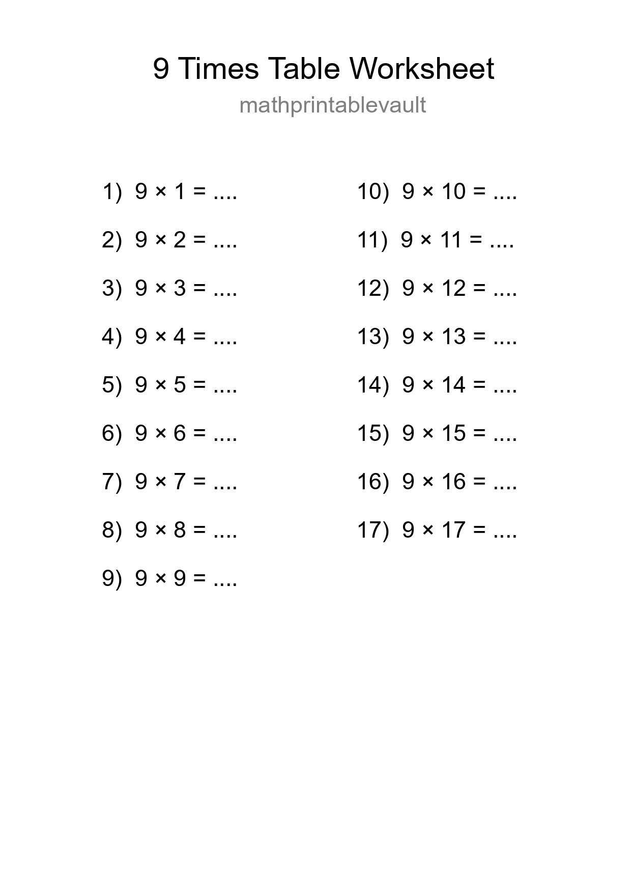 Grade 3 Multiplication Table 9 Practice - Part 9