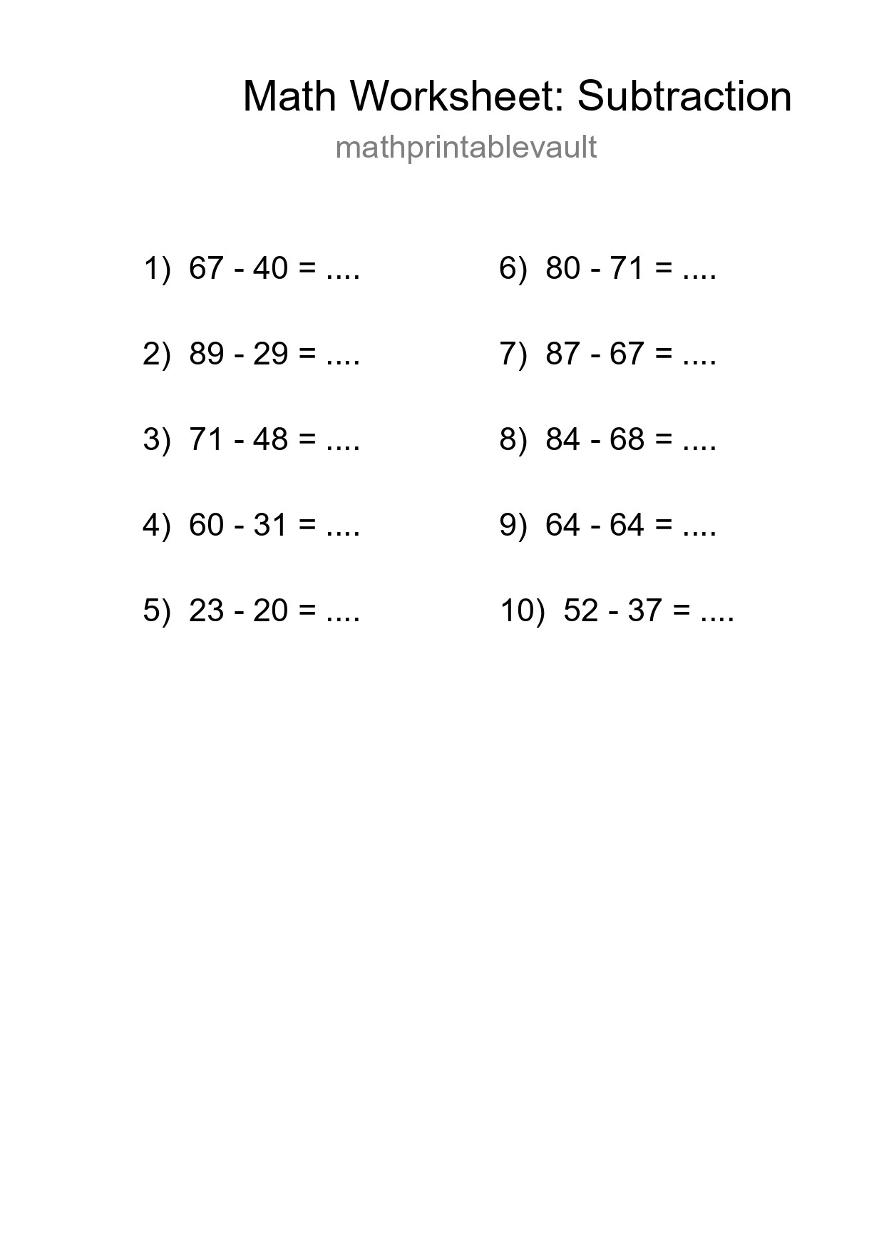 Printable Subtraction Worksheet for Grade 3