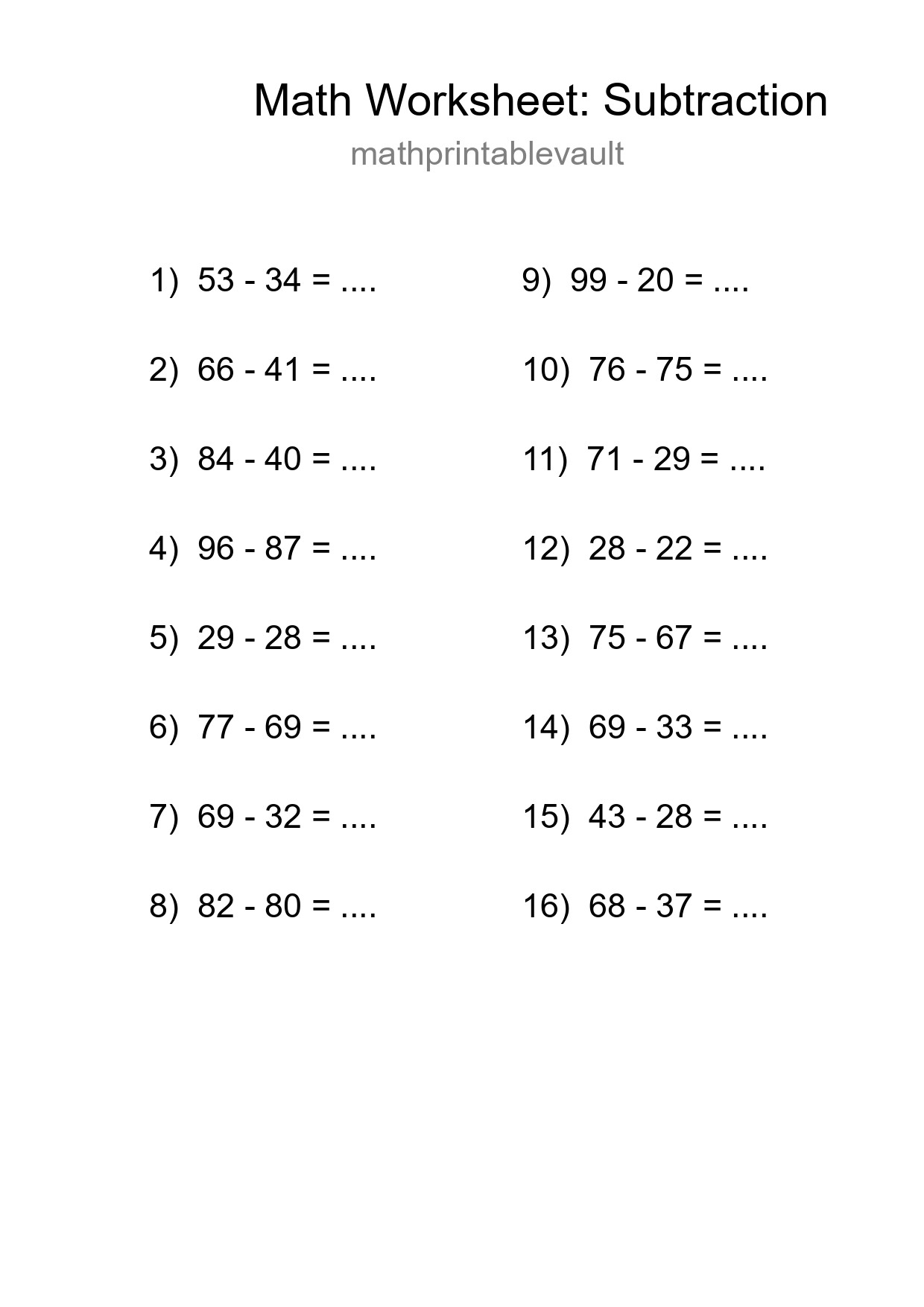 Grade 3 Subtraction Practice Worksheet (16 Problems) - Part 162