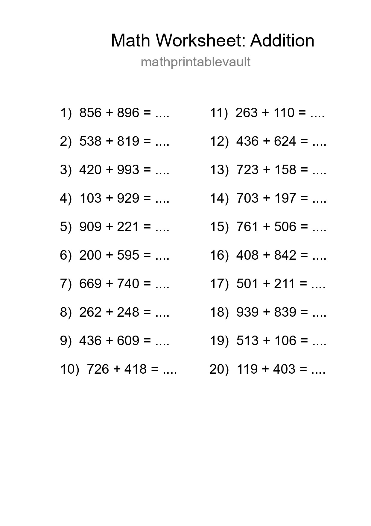 Grade 5 Addition Practice Worksheet (20 Problems) - Part 133