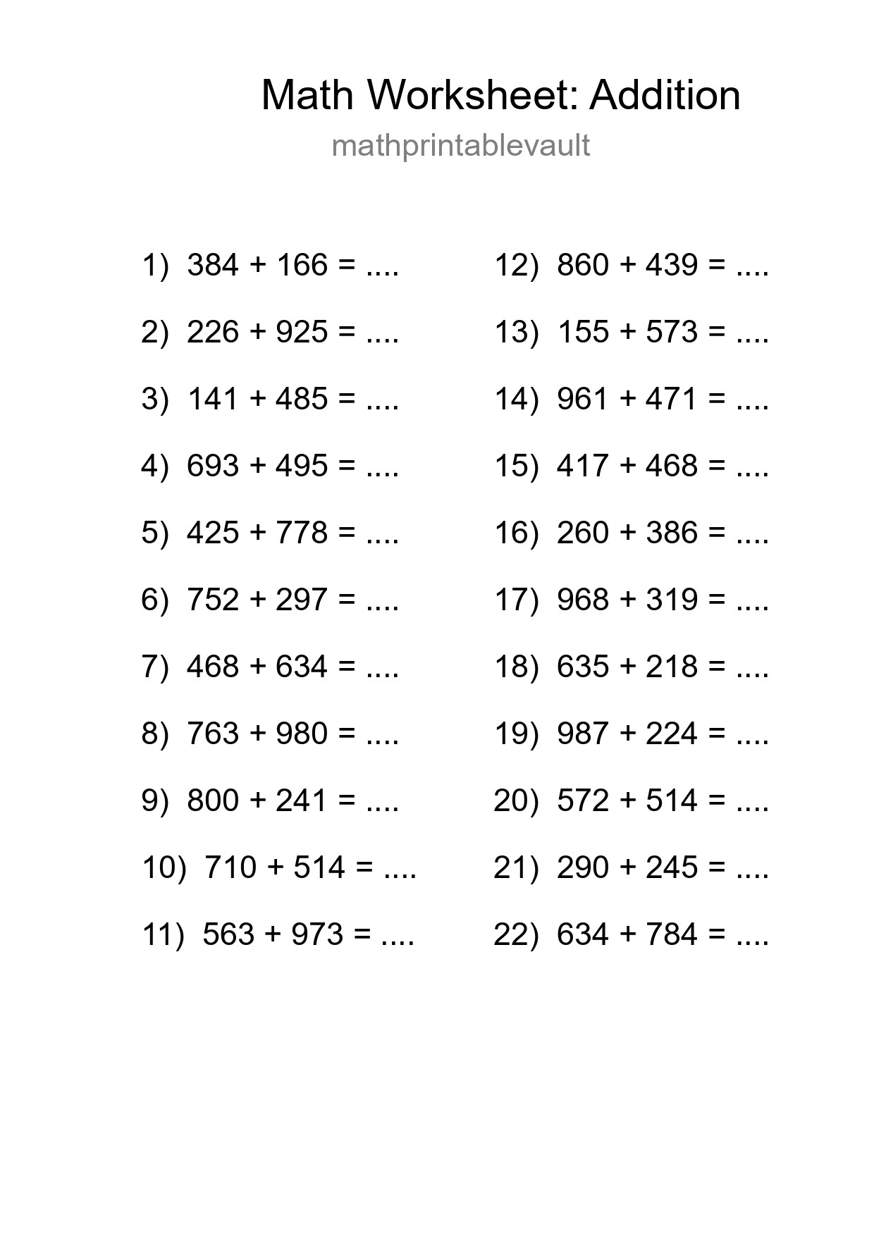 Grade 5 Addition Practice Worksheet (22 Problems)