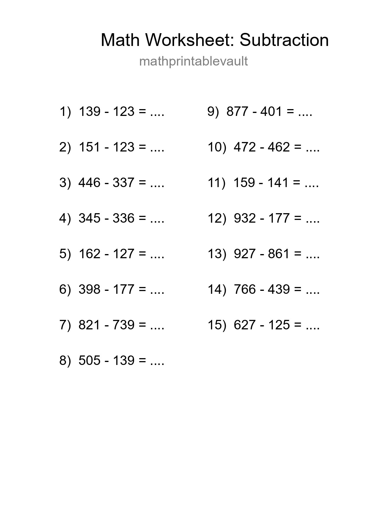 Printable Subtraction Worksheet for Grade 5