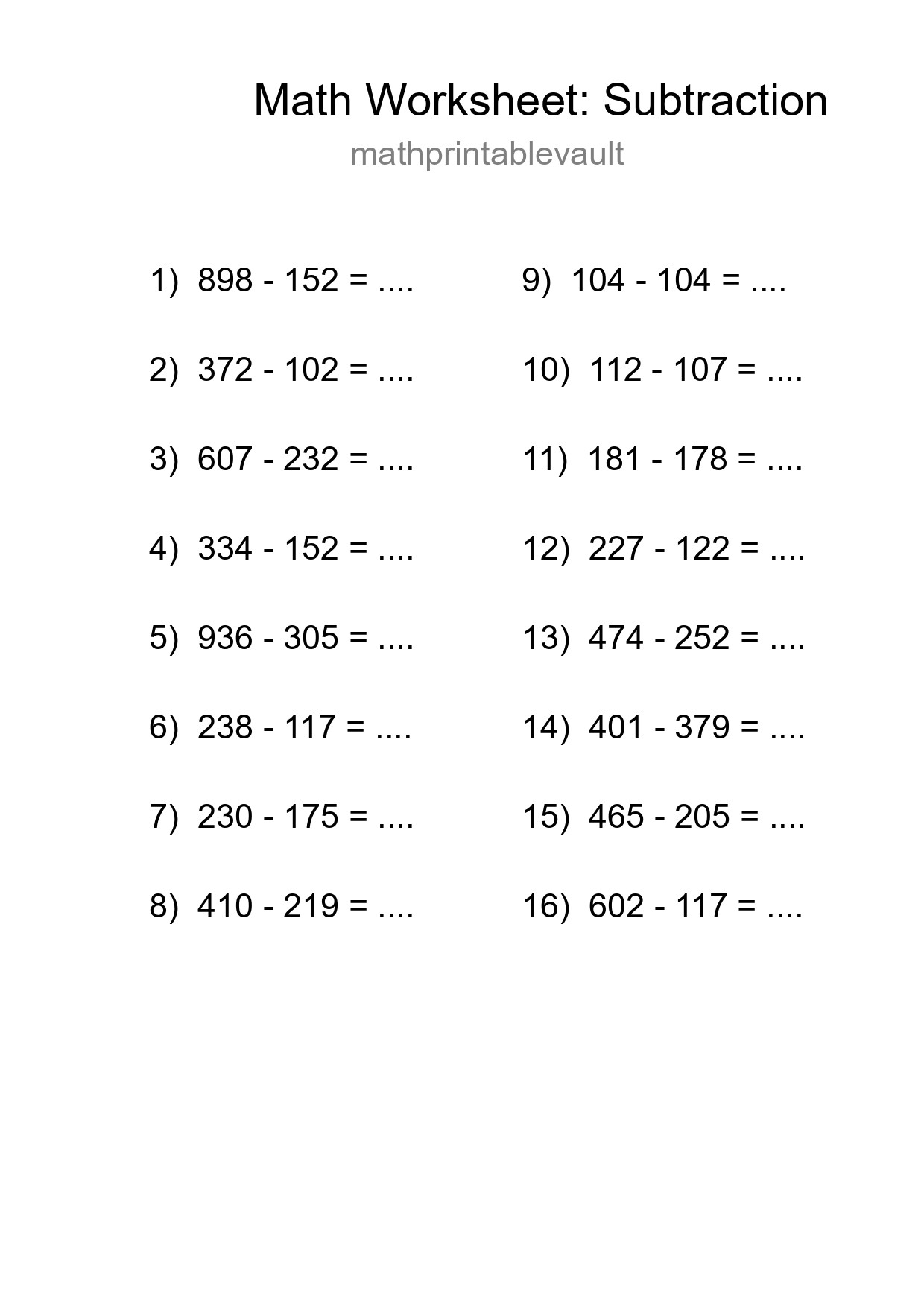 Grade 5 Subtraction Practice Worksheet (16 Problems) - Part 96