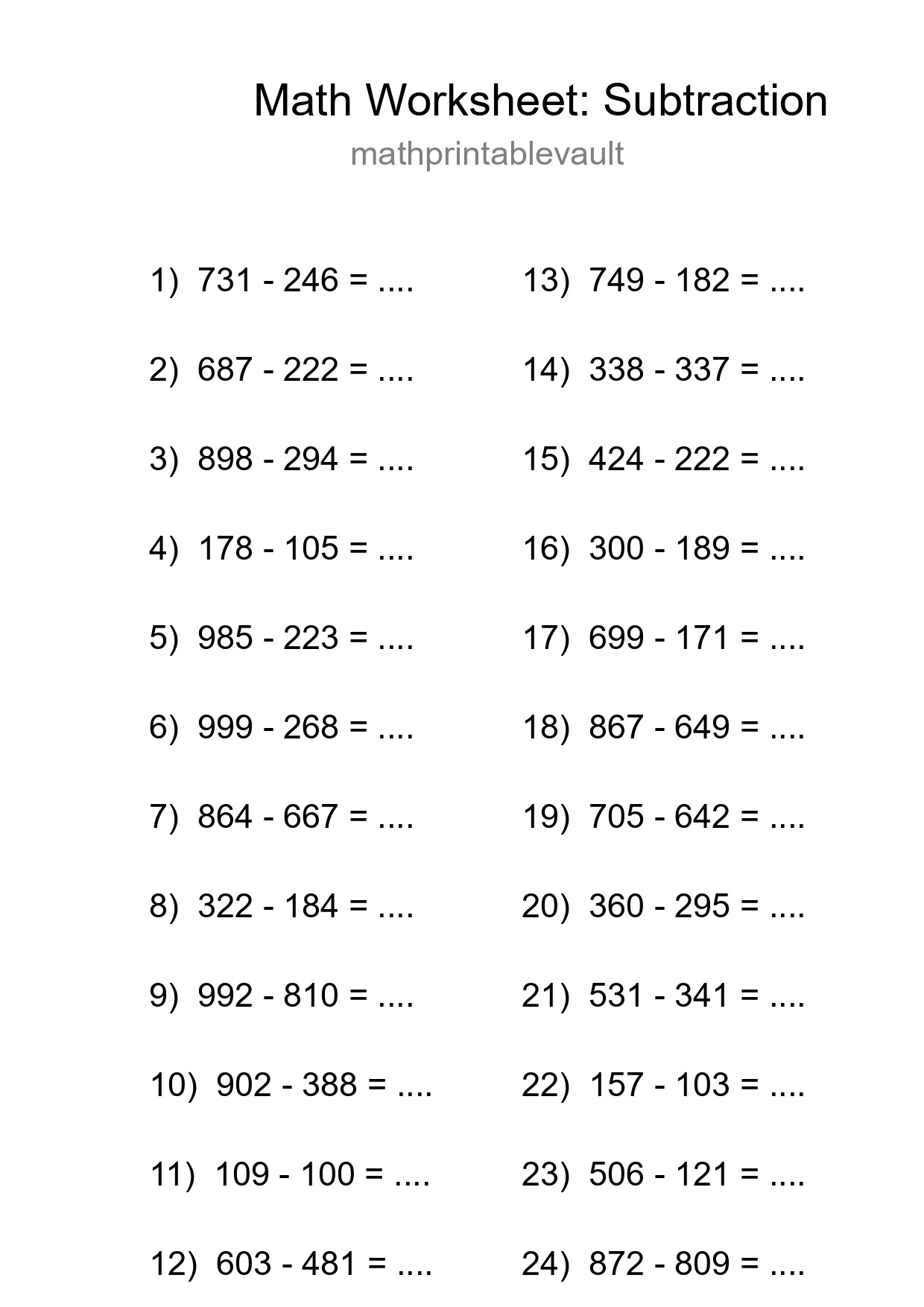 Grade 5 Subtraction Practice Worksheet (24 Problems) - Part 173
