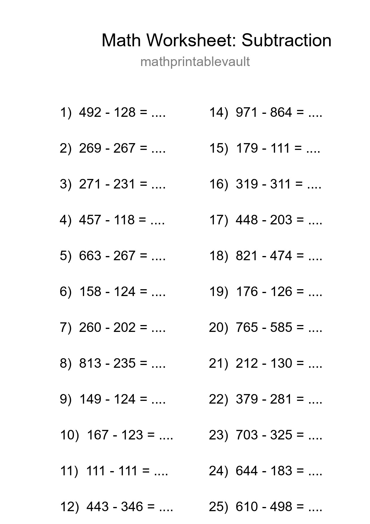 Printable Subtraction Worksheet for Grade 5