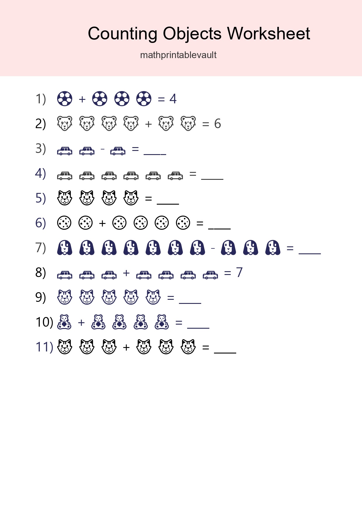 Printable Counting Objects Worksheet for Kindergarten
