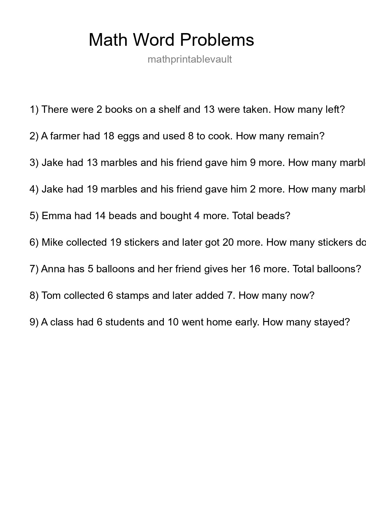 Printable Word Problem Worksheet for Grade 3