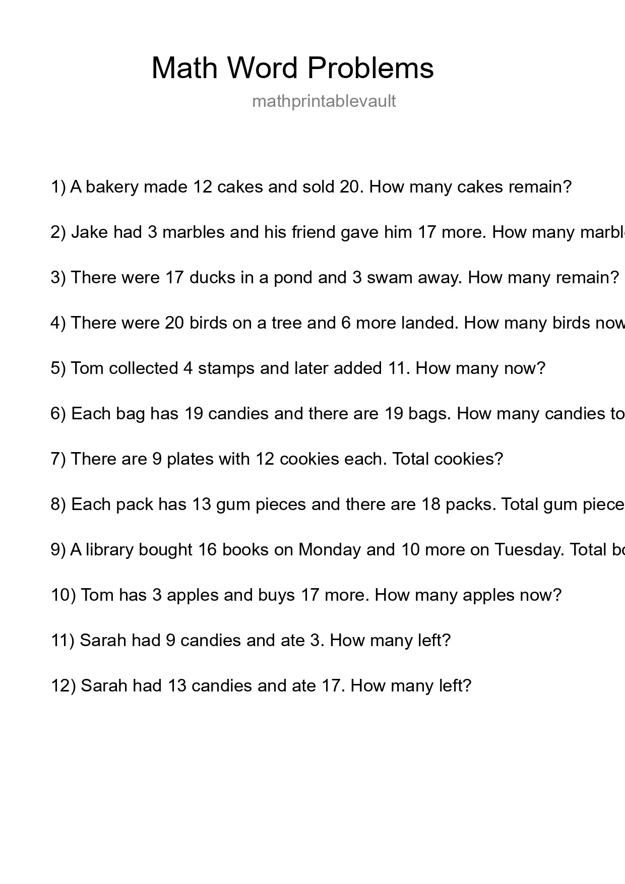 Printable Word Problem Worksheet for Grade 3