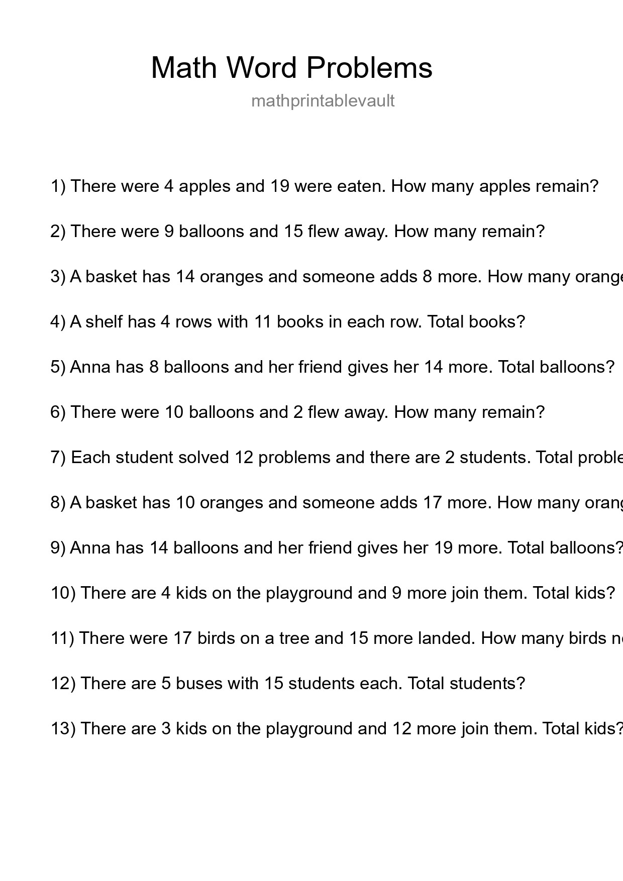 Math Word Problem Worksheet