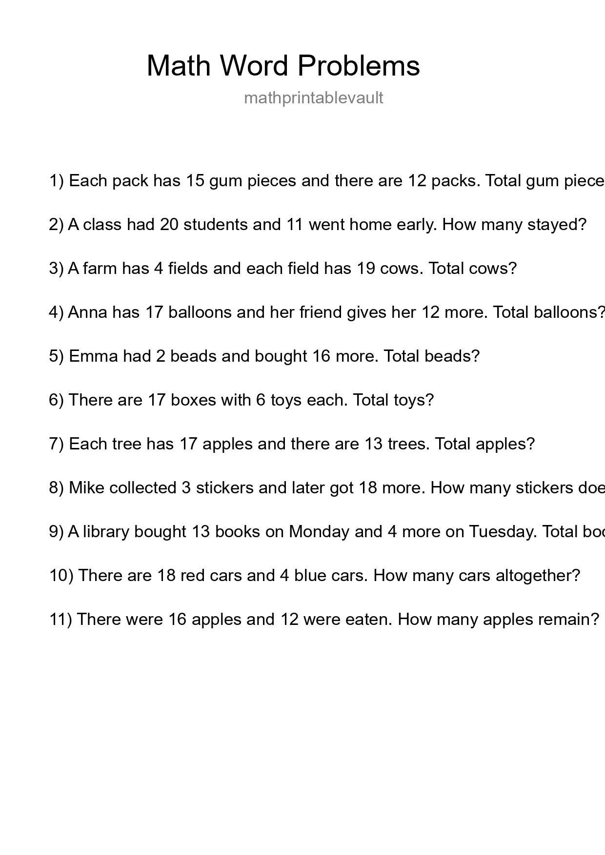 Math Word Problem Worksheet