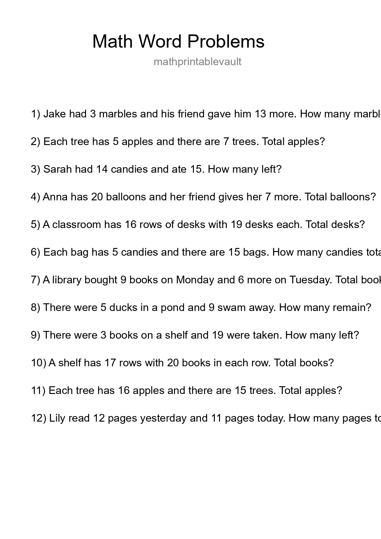 Math Word Problem Worksheet