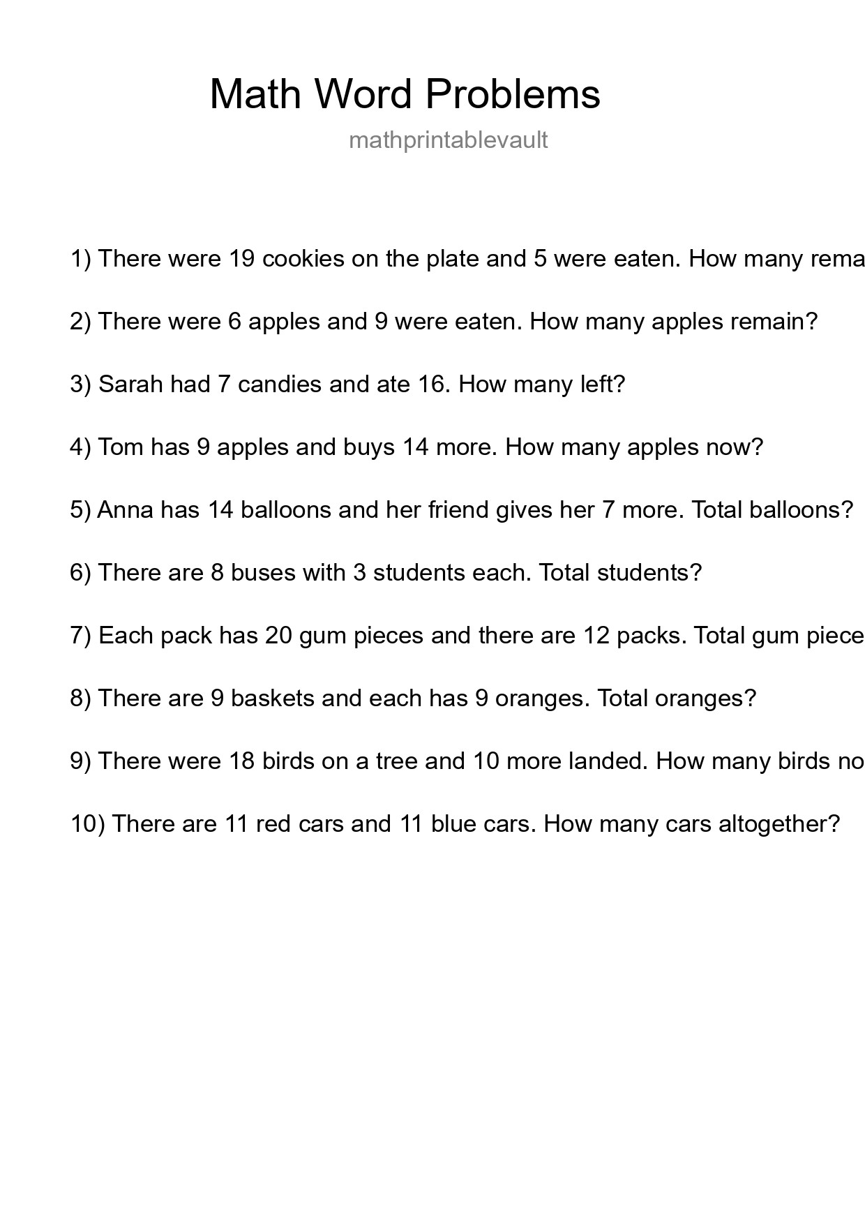 Printable Word Problem Worksheet for Grade 3