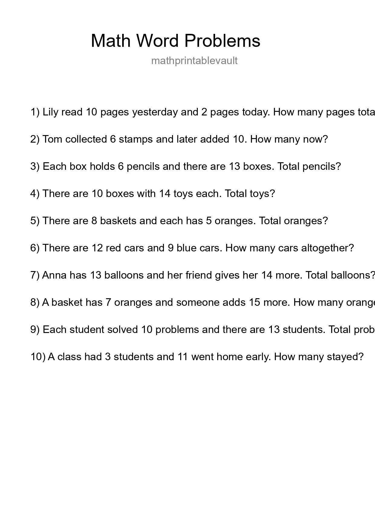 Printable Word Problem Worksheet for Grade 3