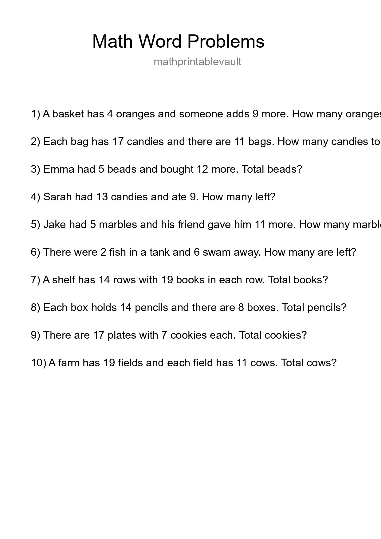 Math Word Problem Worksheet