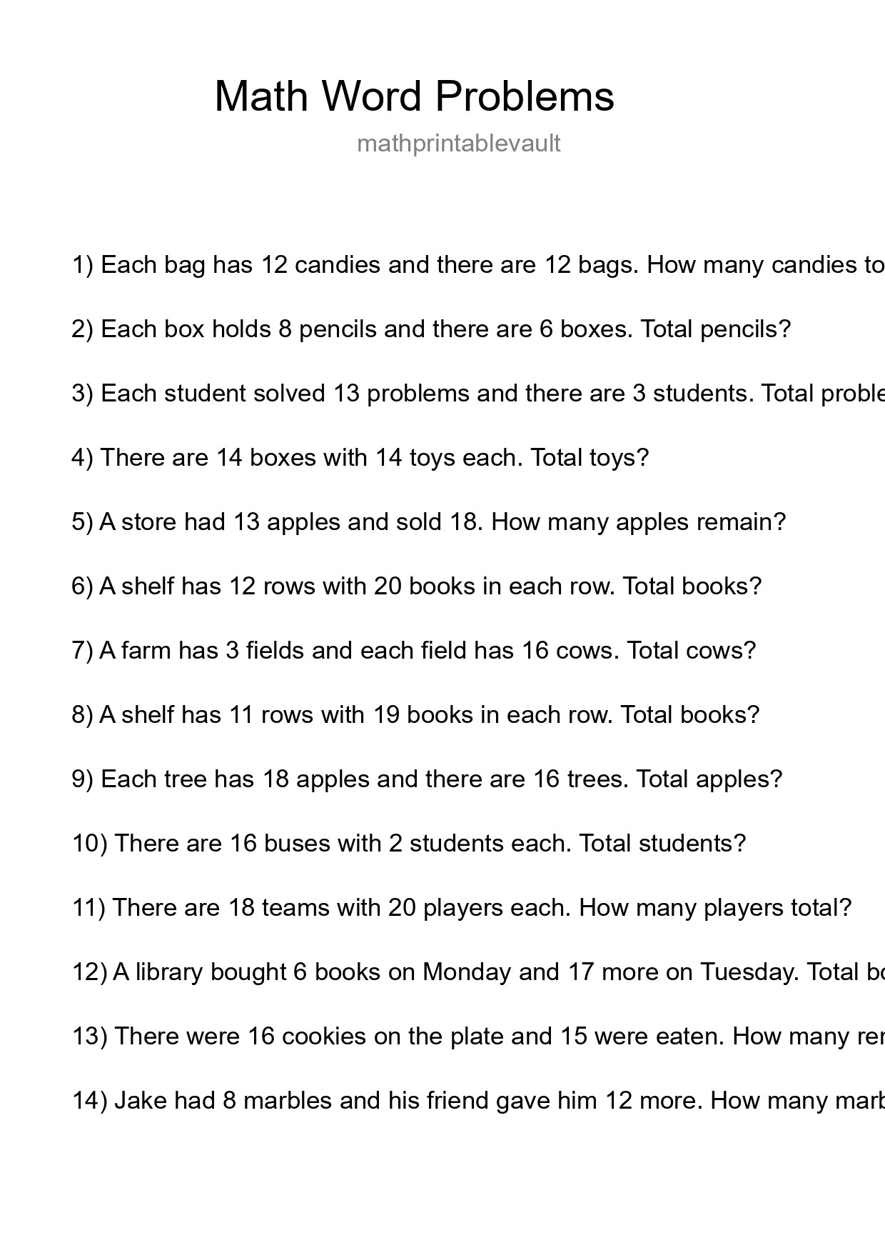 Math Word Problem Worksheet