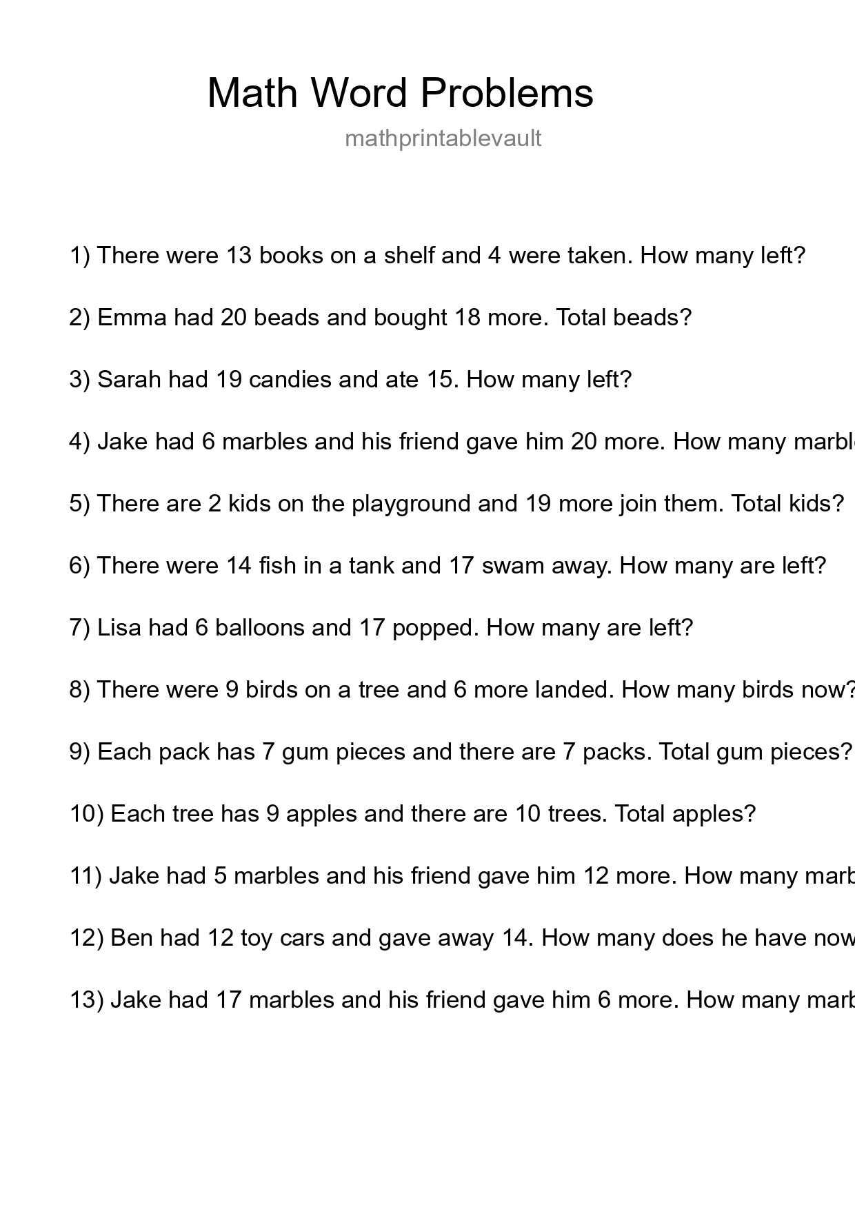 Math Word Problem Worksheet