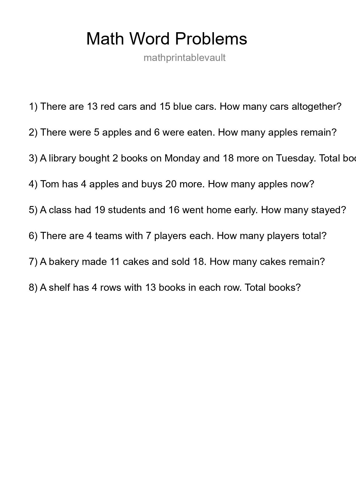 Printable Word Problem Worksheet for Grade 3