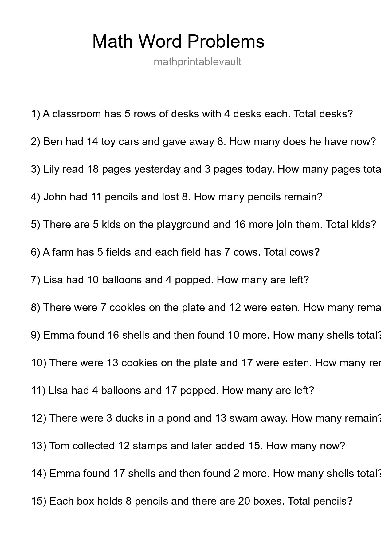 Printable Word Problem Worksheet for Grade 3