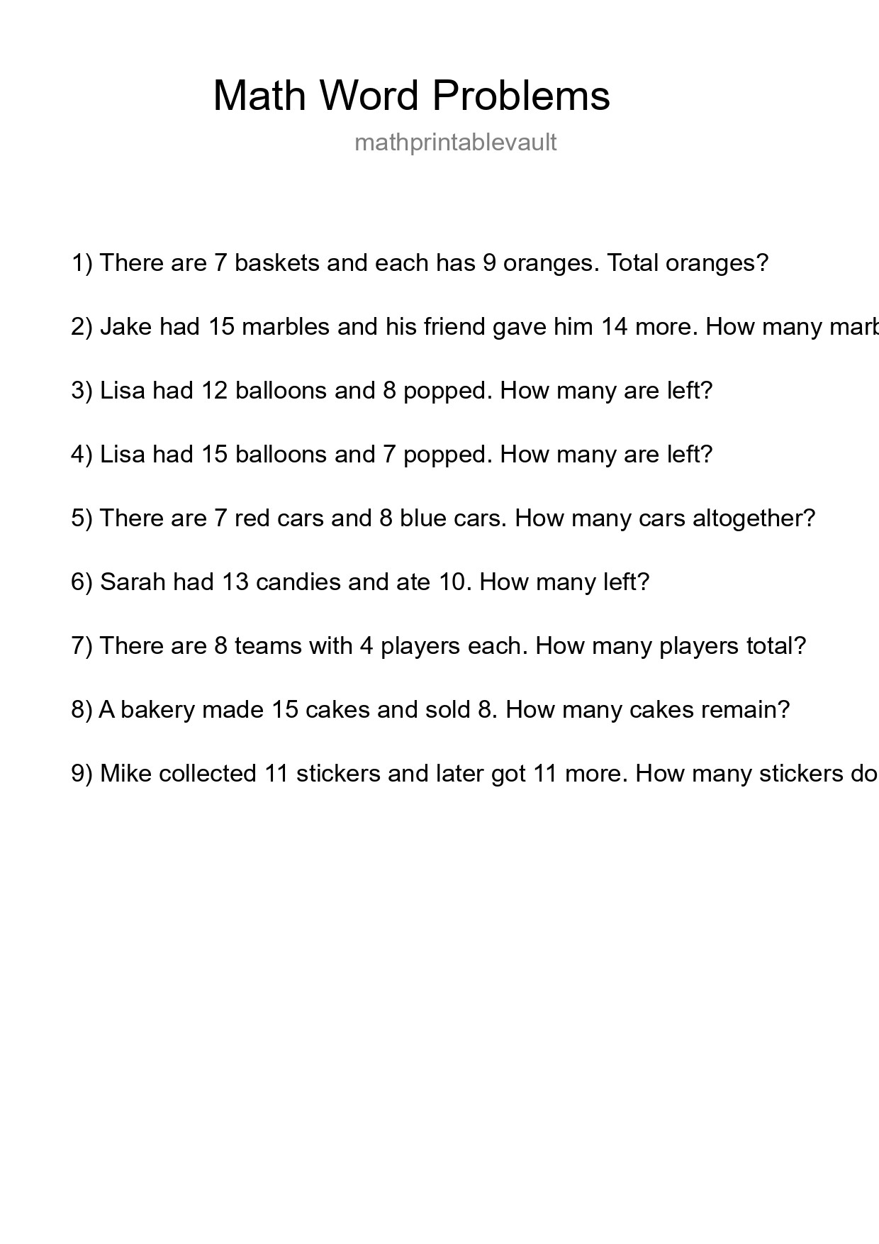 Printable Word Problem Worksheet for Grade 3