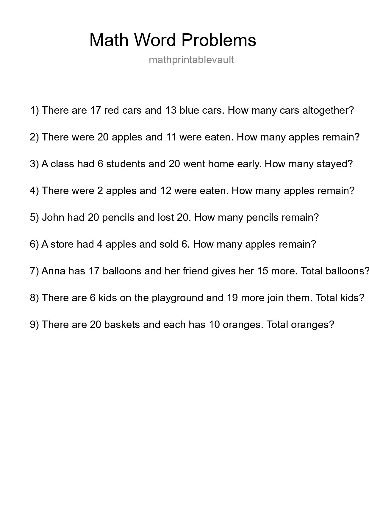 Math Word Problem Worksheet