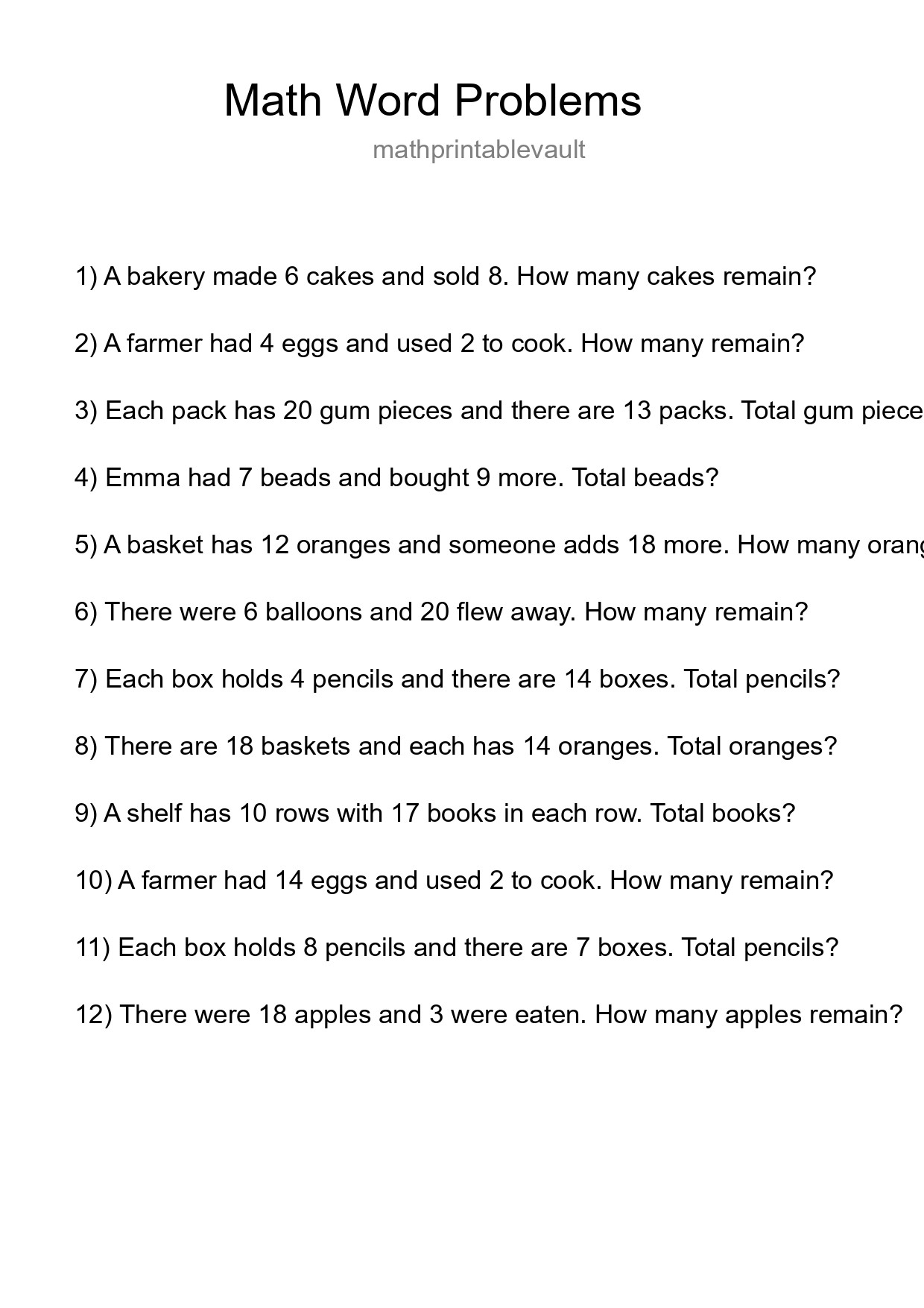 Math Word Problem Worksheet