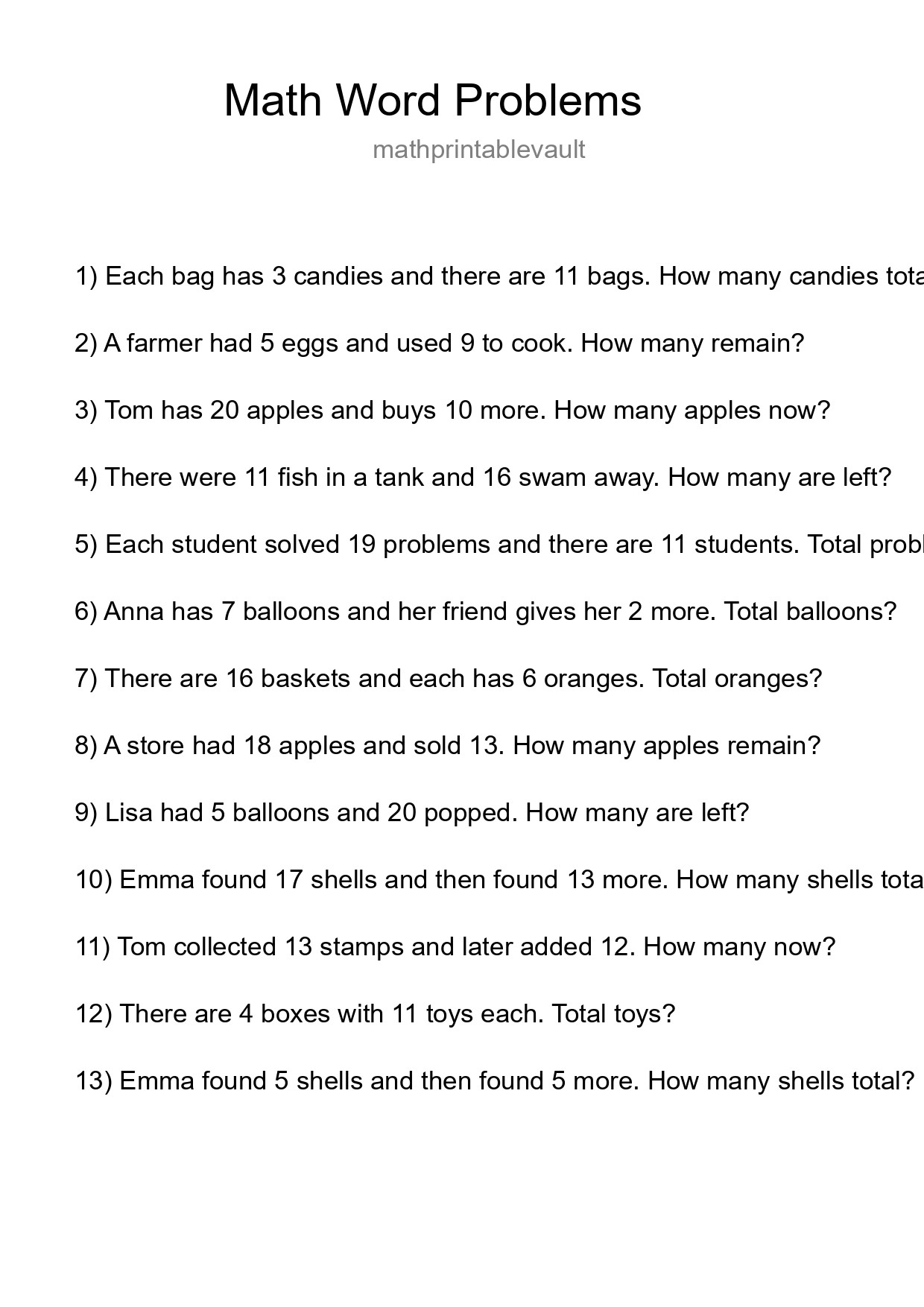 Printable Word Problem Worksheet for Grade 3