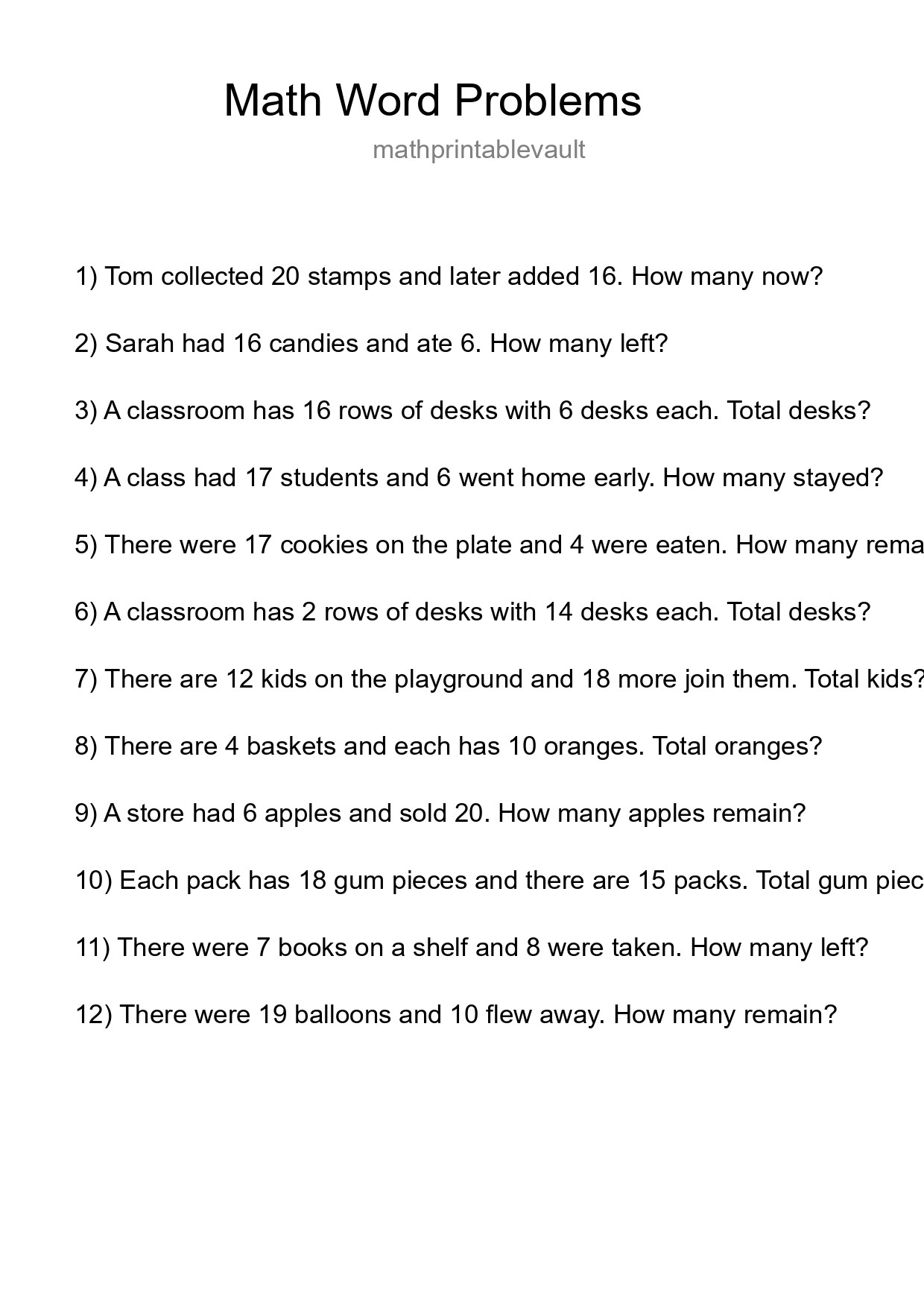 Printable Word Problem Worksheet for Grade 3