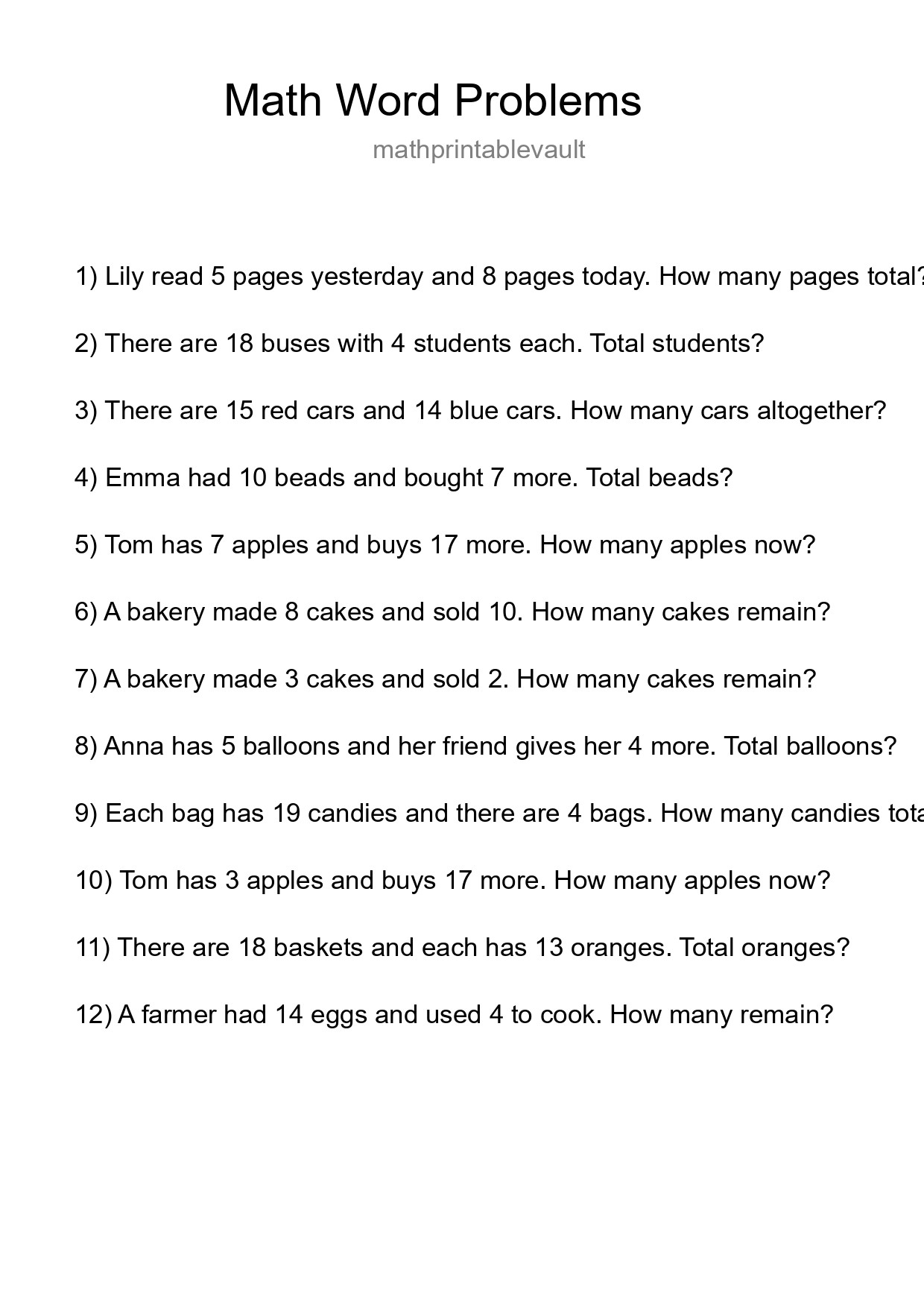 Math Word Problem Worksheet