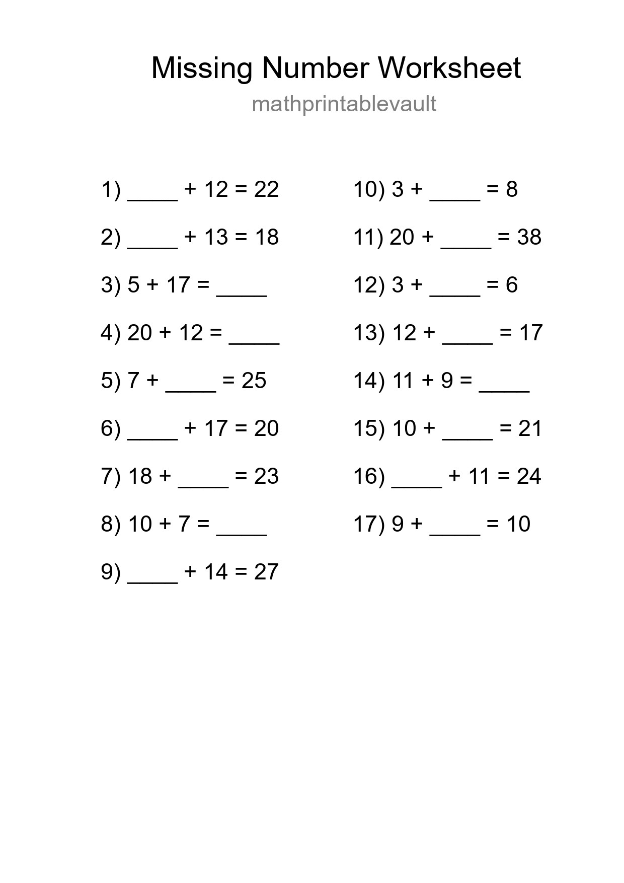 Missing Number Math Worksheet
