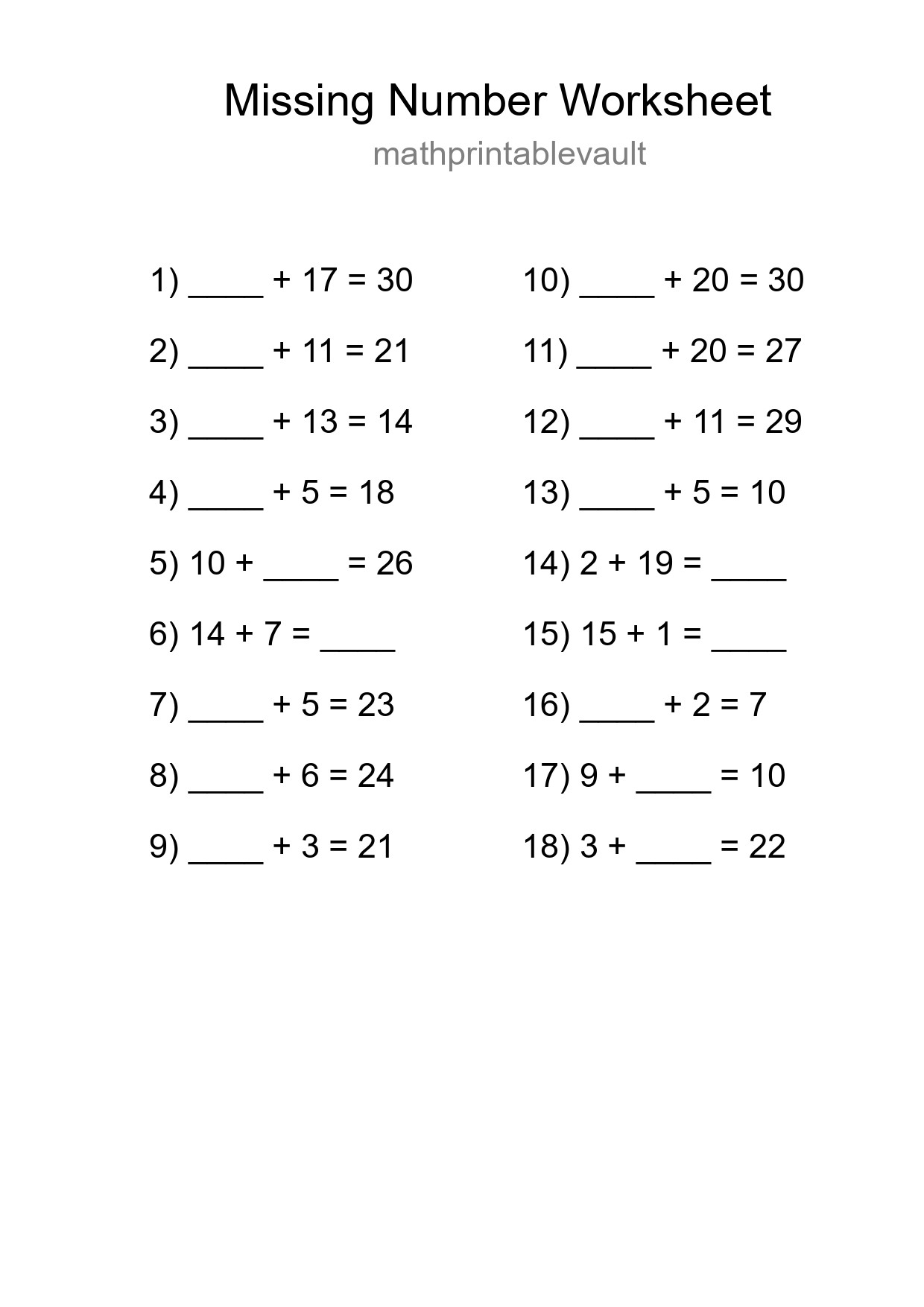 Missing Number Math Worksheet