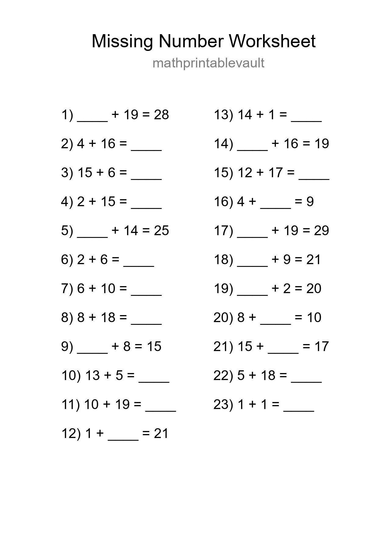 Missing Number Math Worksheet