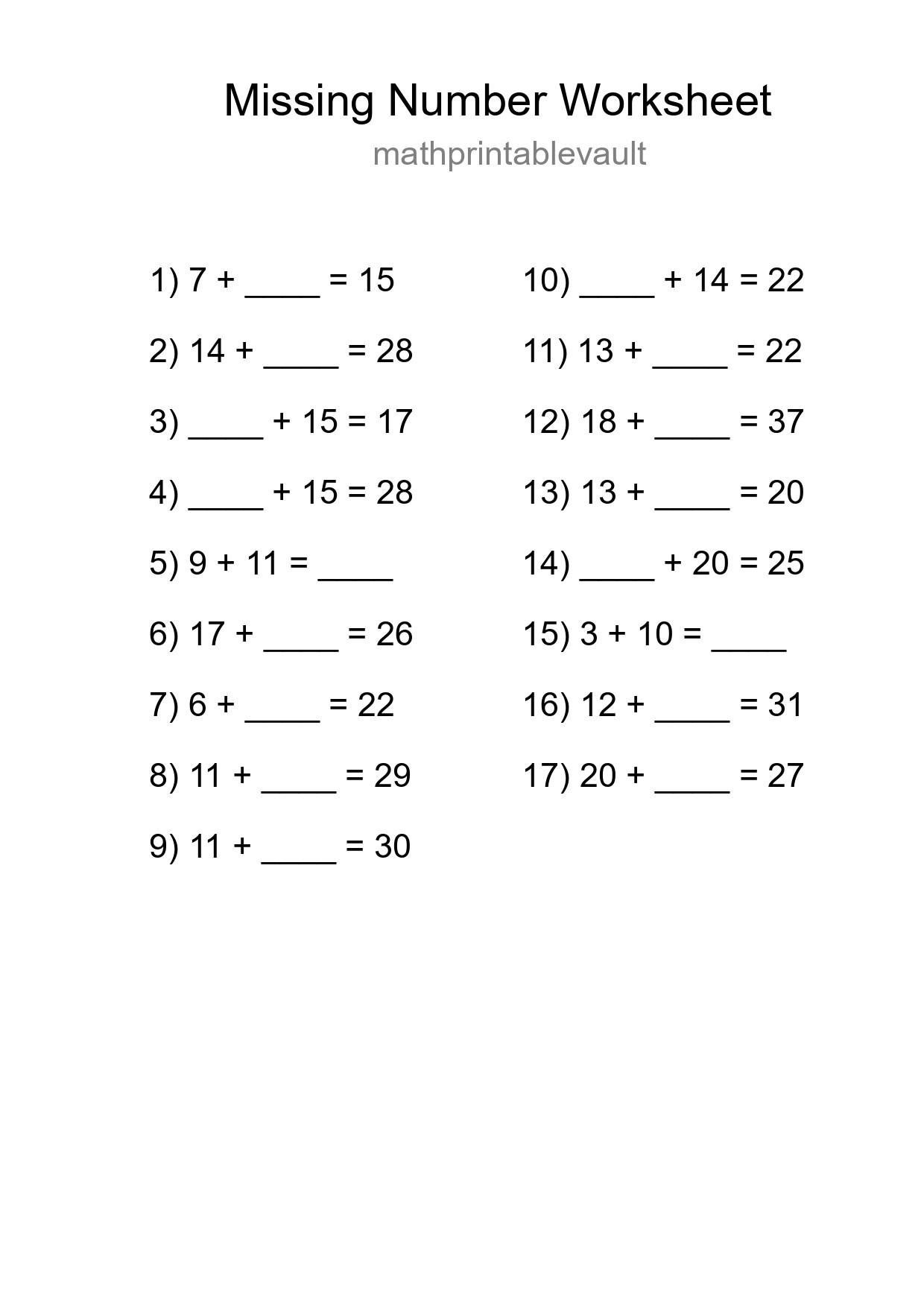 Missing Number Math Worksheet