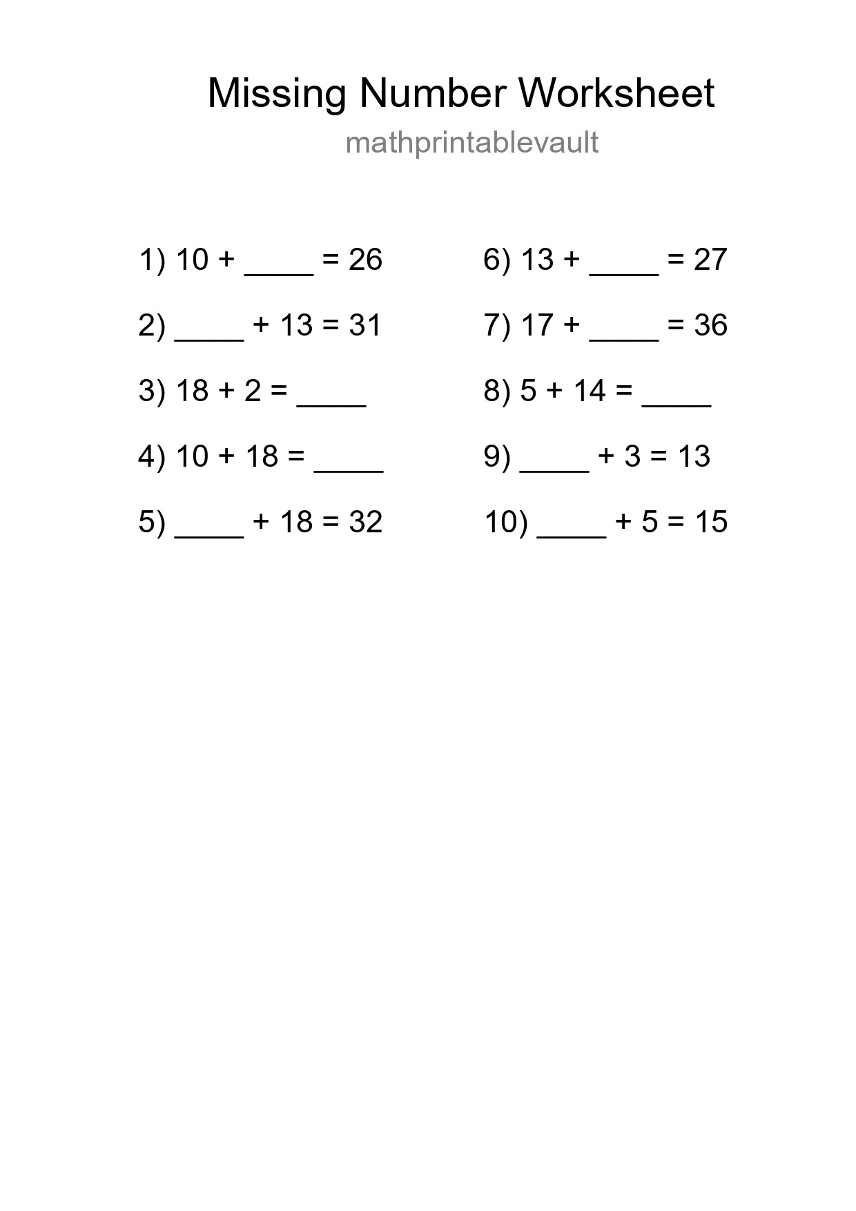 Missing Number Math Worksheet