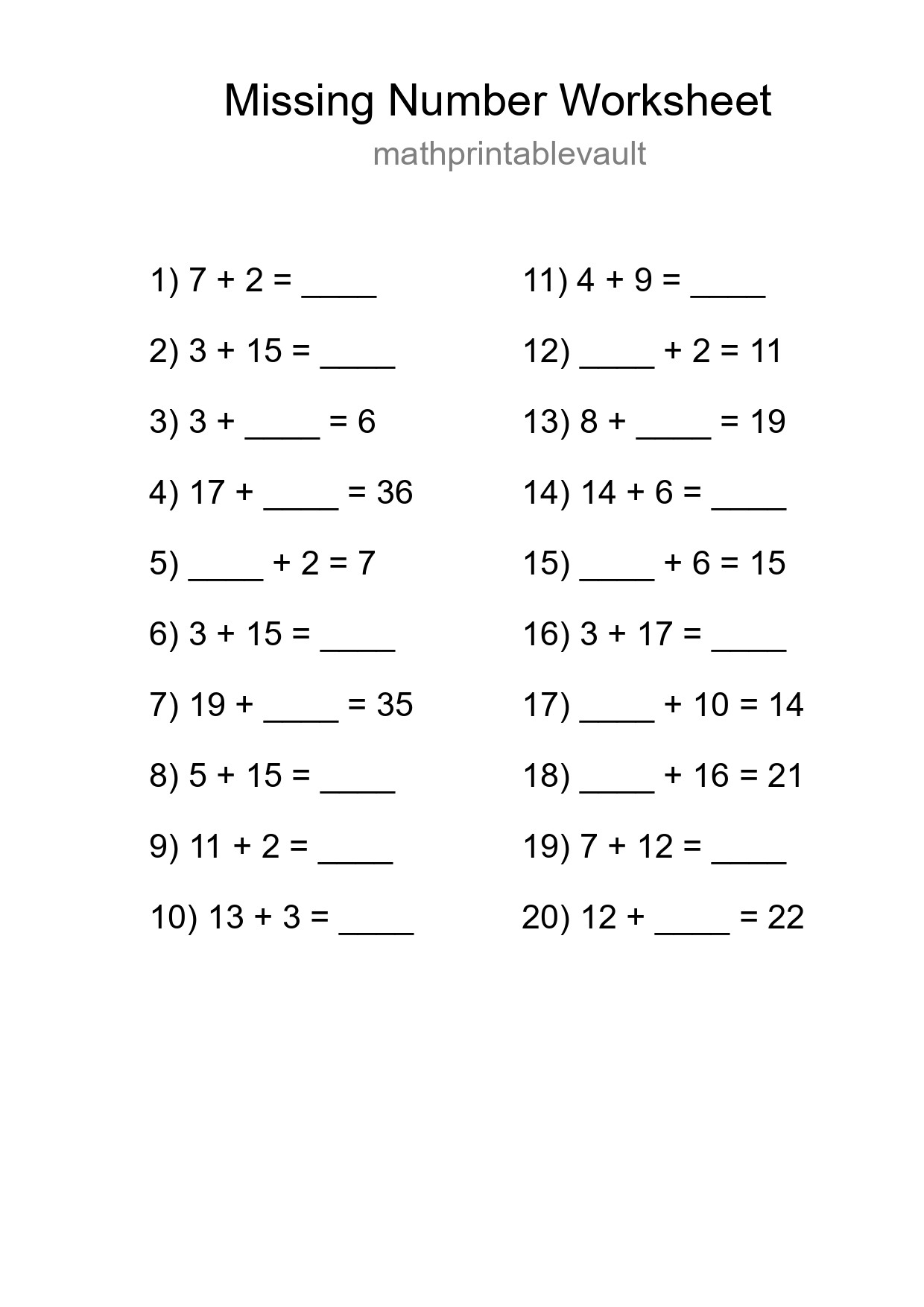 Missing Number Math Worksheet