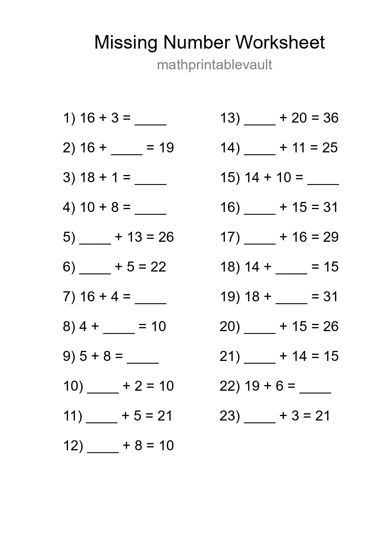 Printable Missing Number Worksheet for Grade 1