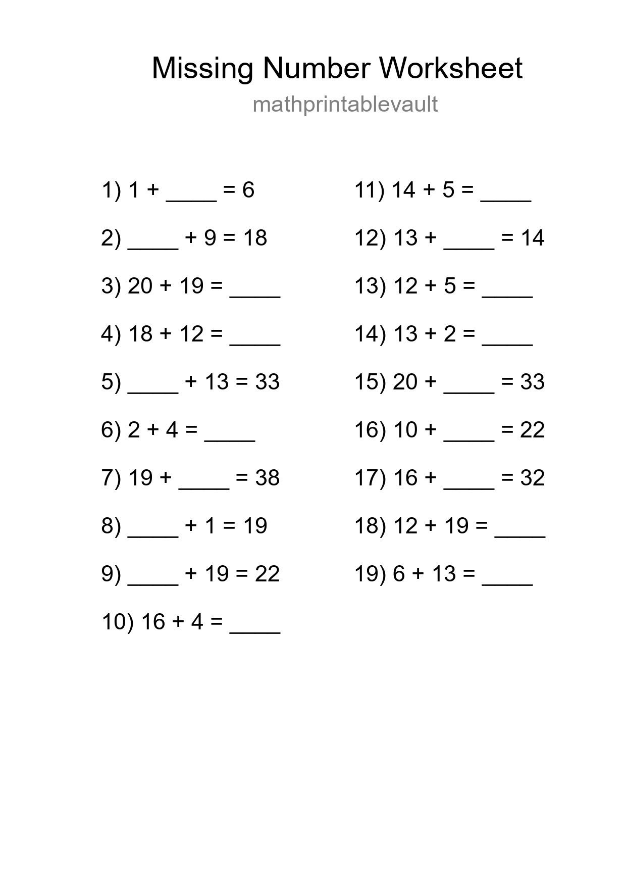 Printable Missing Number Worksheet for Grade 1