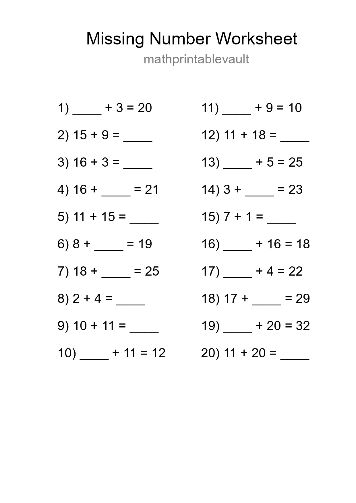 Missing Number Math Worksheet