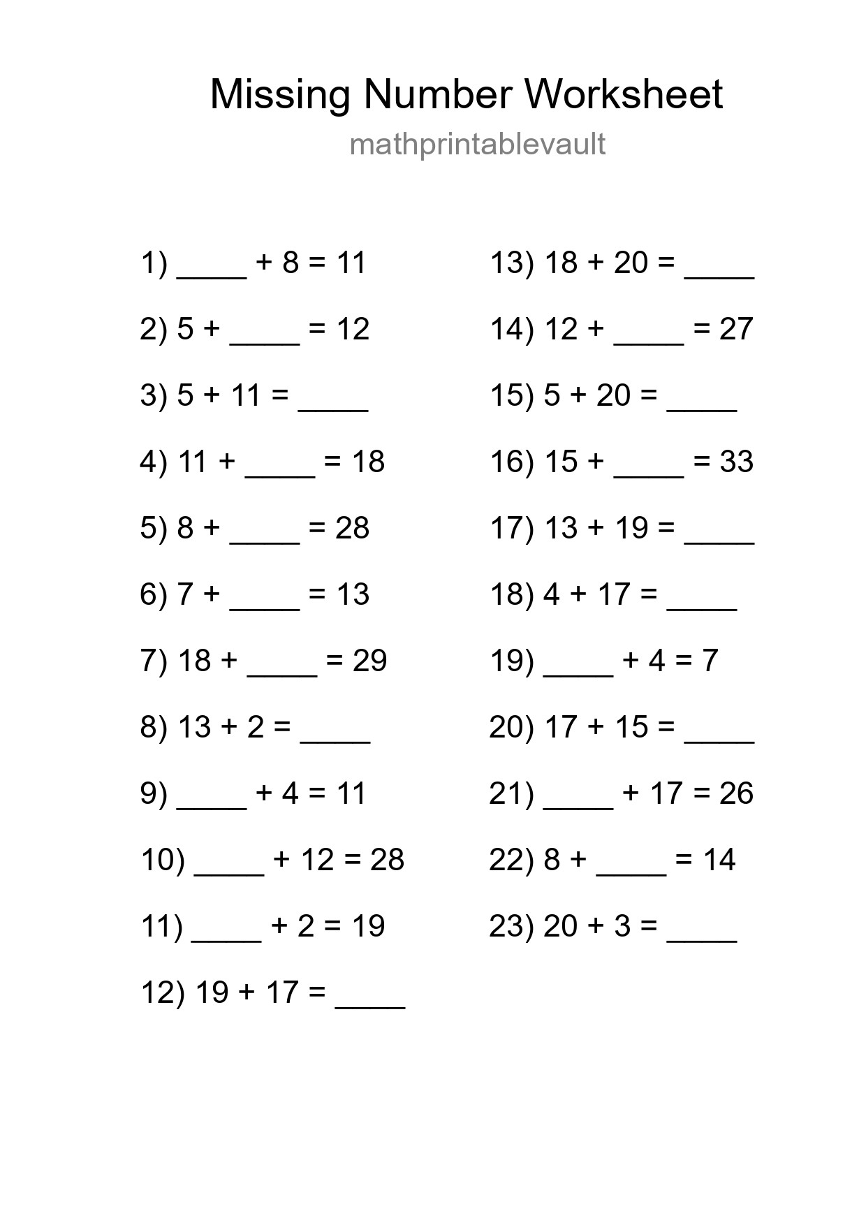 Missing Number Math Worksheet