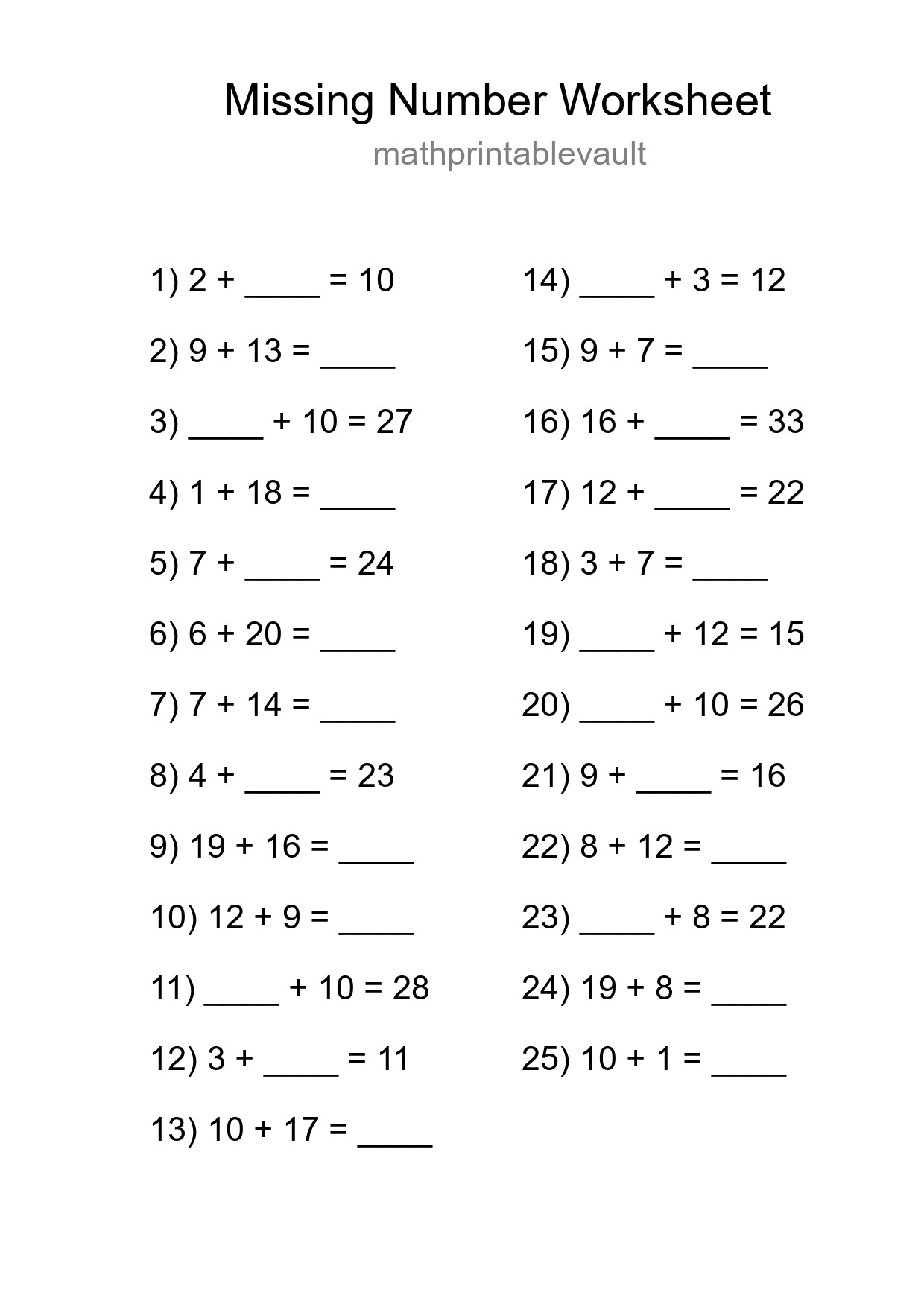 Printable Missing Number Worksheet for Grade 1